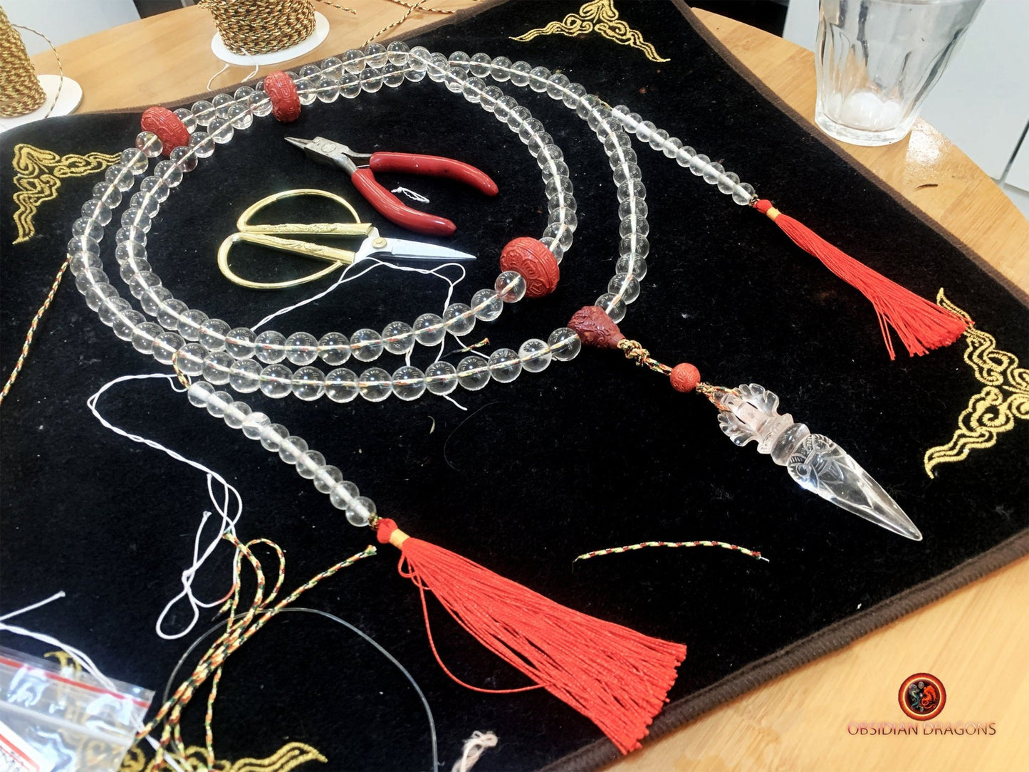 Grand mala en cristal de roche de purification - Phurba | obsidian dragons
