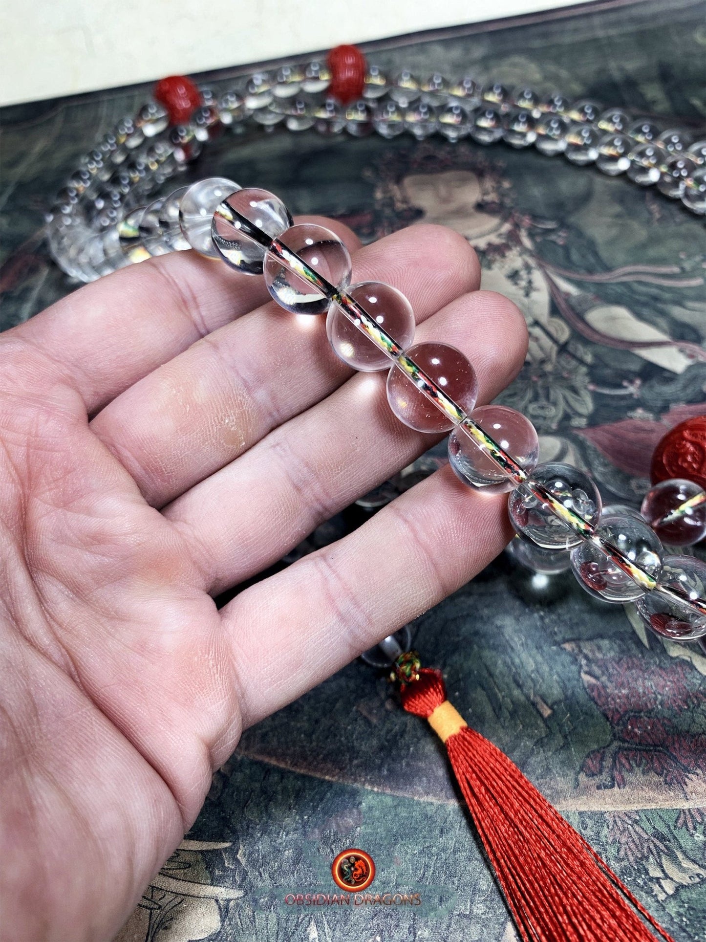 Grand mala en cristal de roche de purification - Phurba | obsidian dragons