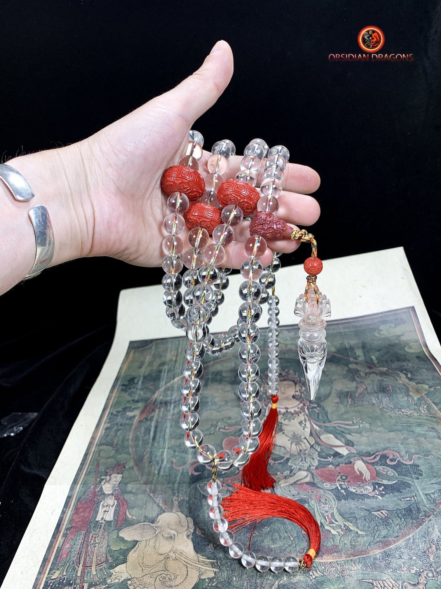 Grand mala en cristal de roche de purification - Phurba | obsidian dragons