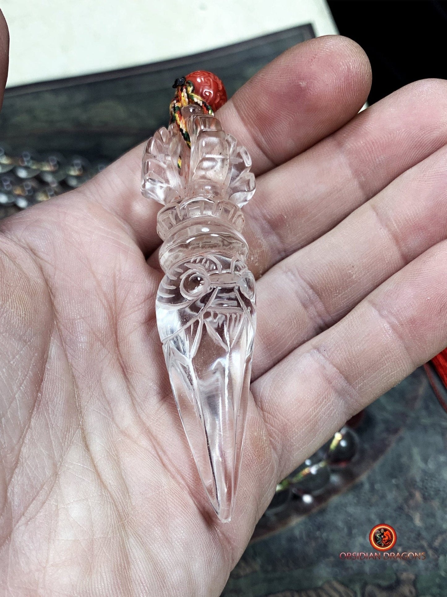 Grand mala en cristal de roche de purification - Phurba | obsidian dragons