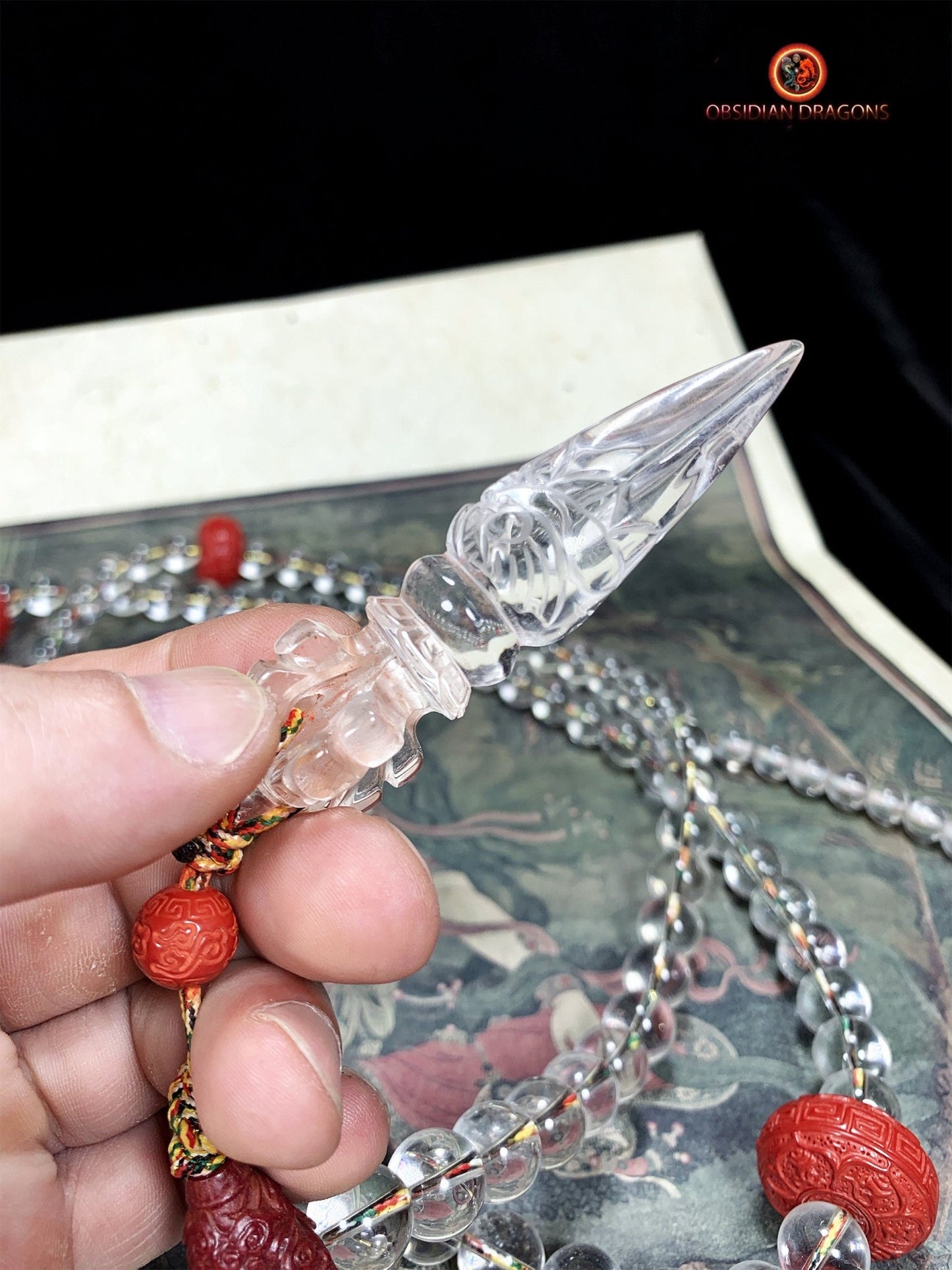 Grand mala en cristal de roche de purification - Phurba | obsidian dragons