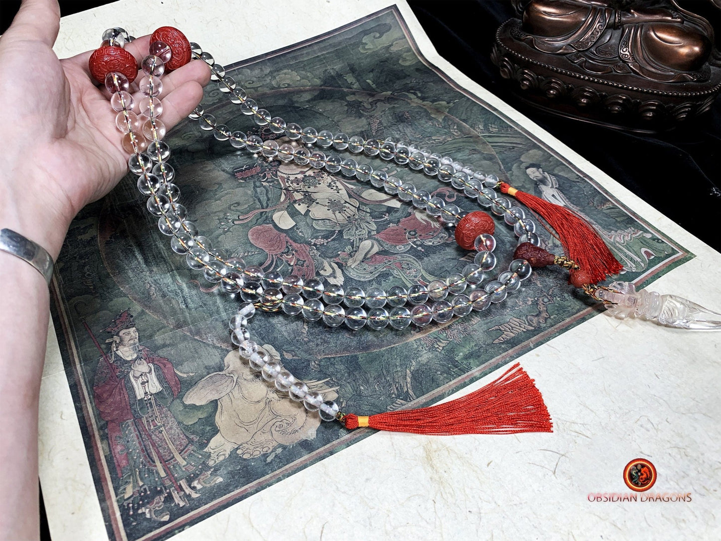 Grand mala en cristal de roche de purification - Phurba | obsidian dragons