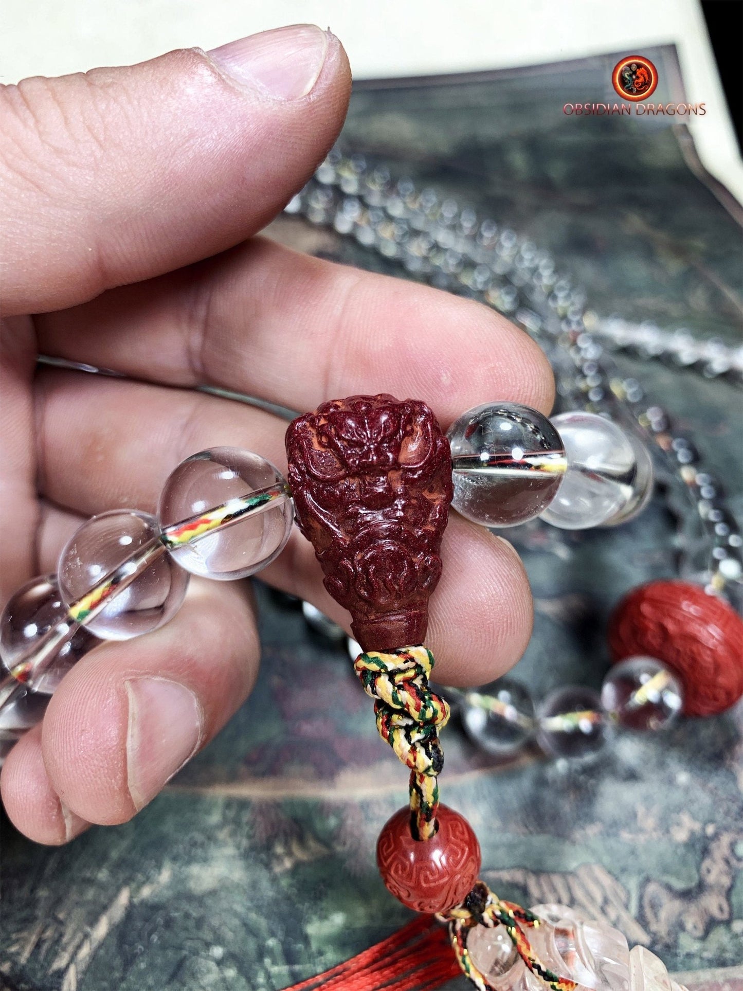 Grand mala en cristal de roche de purification - Phurba | obsidian dragons