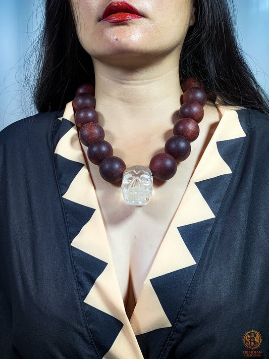 Gros Collier en Bois – Mala 18 Perles – Crâne de Cristal | obsidian dragons