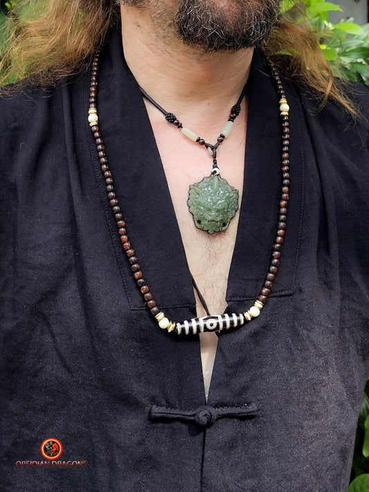 Mala Tibétain en Graines de Bodhi Fossiles - DZI à Trois Yeux | obsidian dragons