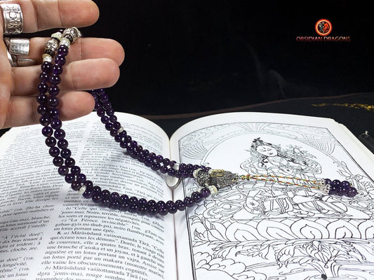 Mala en Améthyste 108 Perles - Dragon en Argent | obsidian dragons