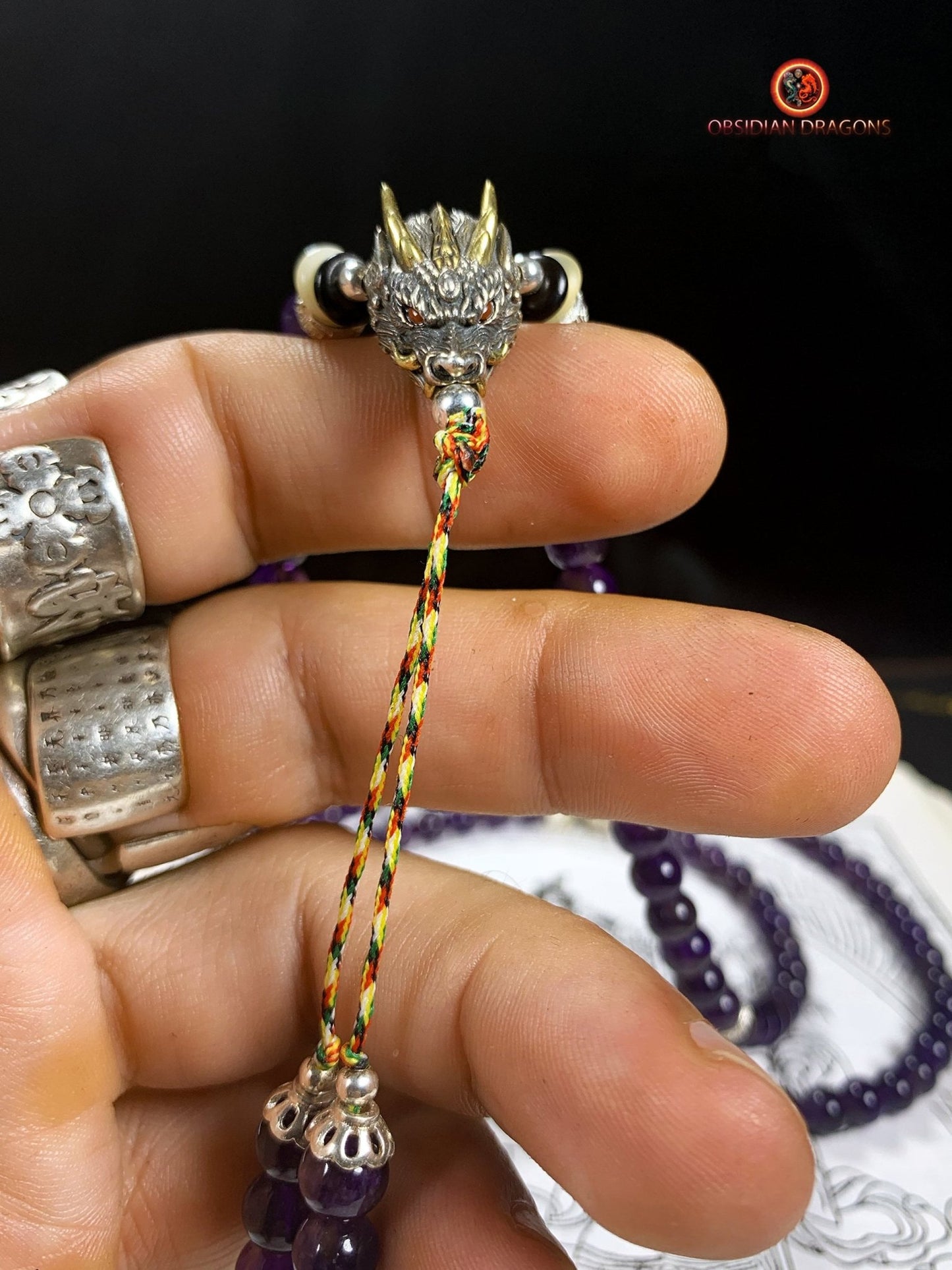 Mala en Améthyste 108 Perles - Dragon en Argent | obsidian dragons