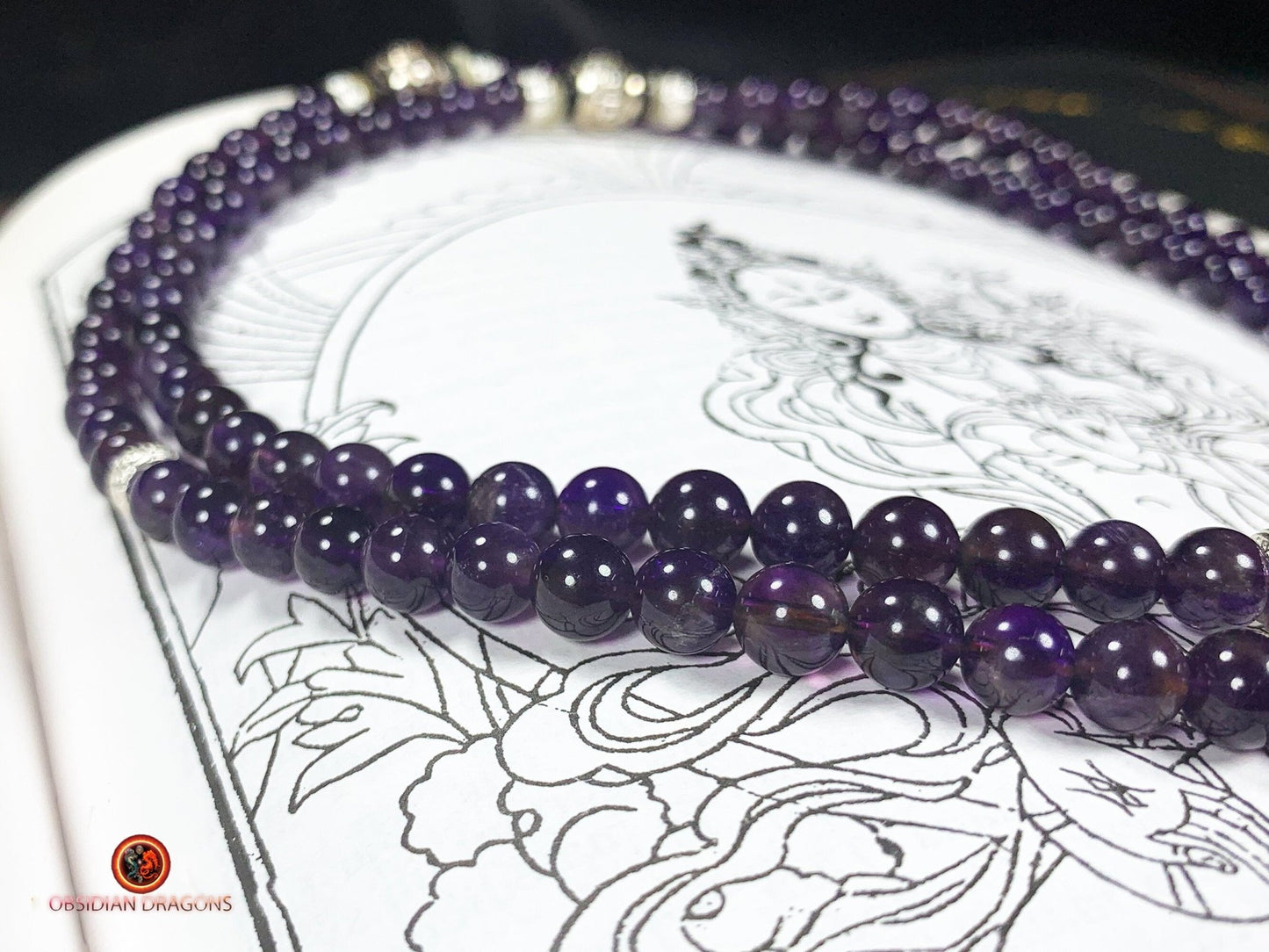 Mala en Améthyste 108 Perles - Dragon en Argent | obsidian dragons