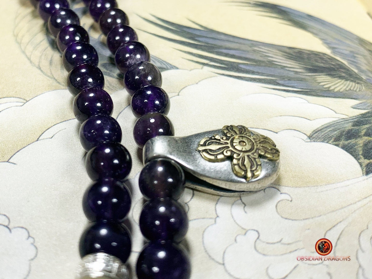 Mala en Améthyste 108 Perles - Dragon en Argent | obsidian dragons