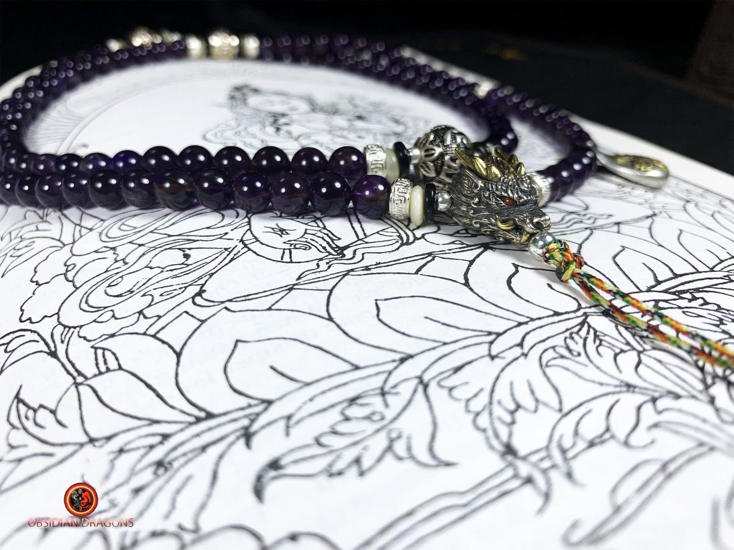 Mala en Améthyste 108 Perles - Dragon en Argent | obsidian dragons