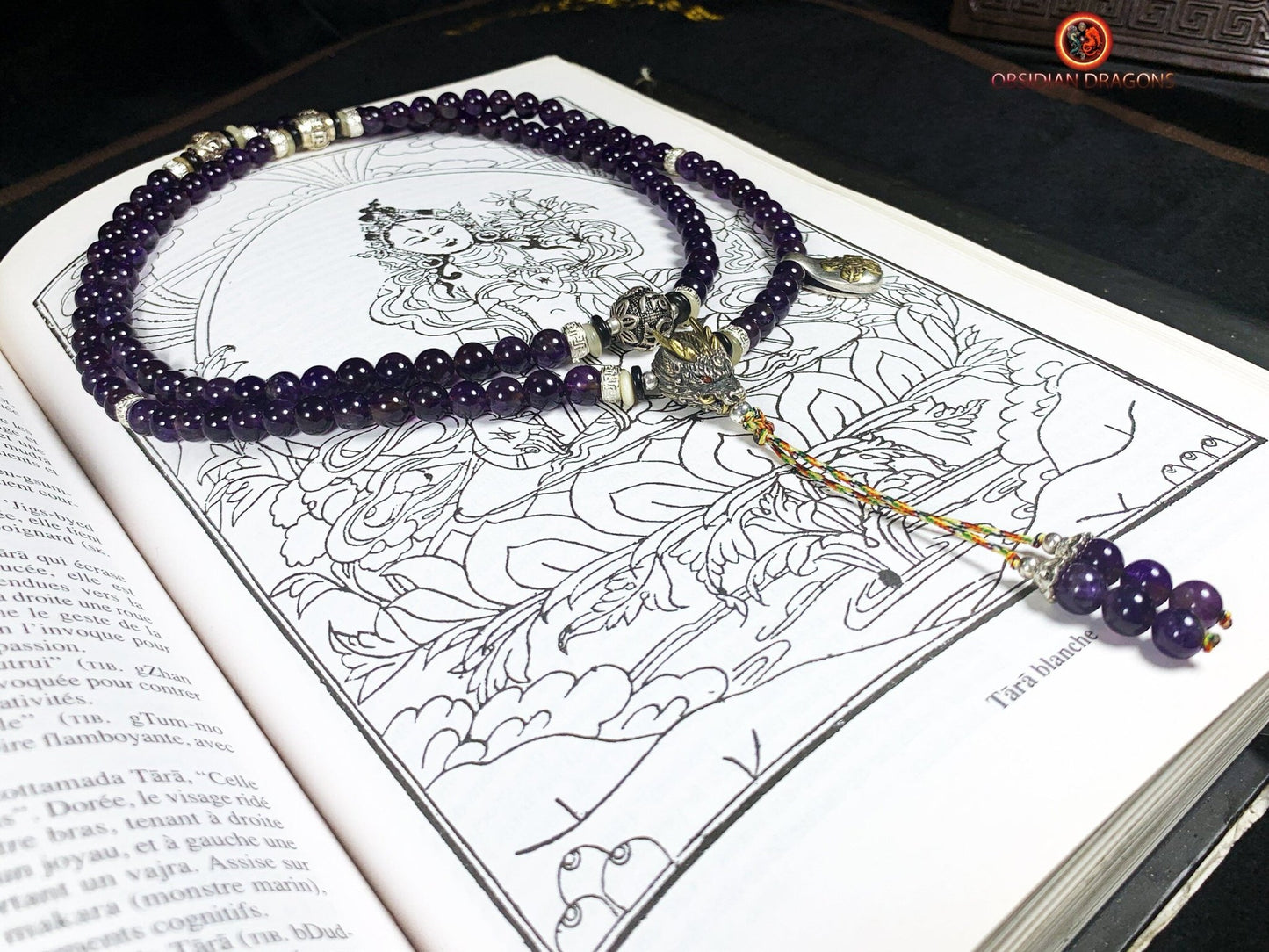 Mala en Améthyste 108 Perles - Dragon en Argent | obsidian dragons