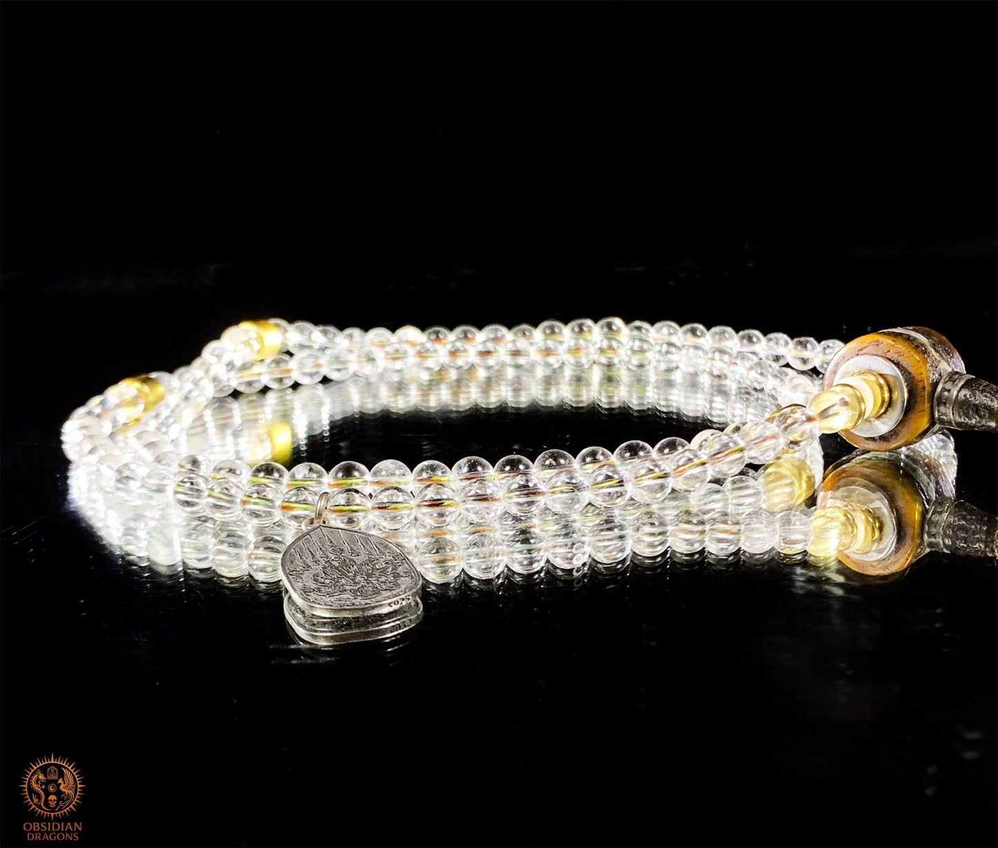 Mala en Cristal de Roche – Pointe de cristal - amulette Sak Yant | obsidian dragons
