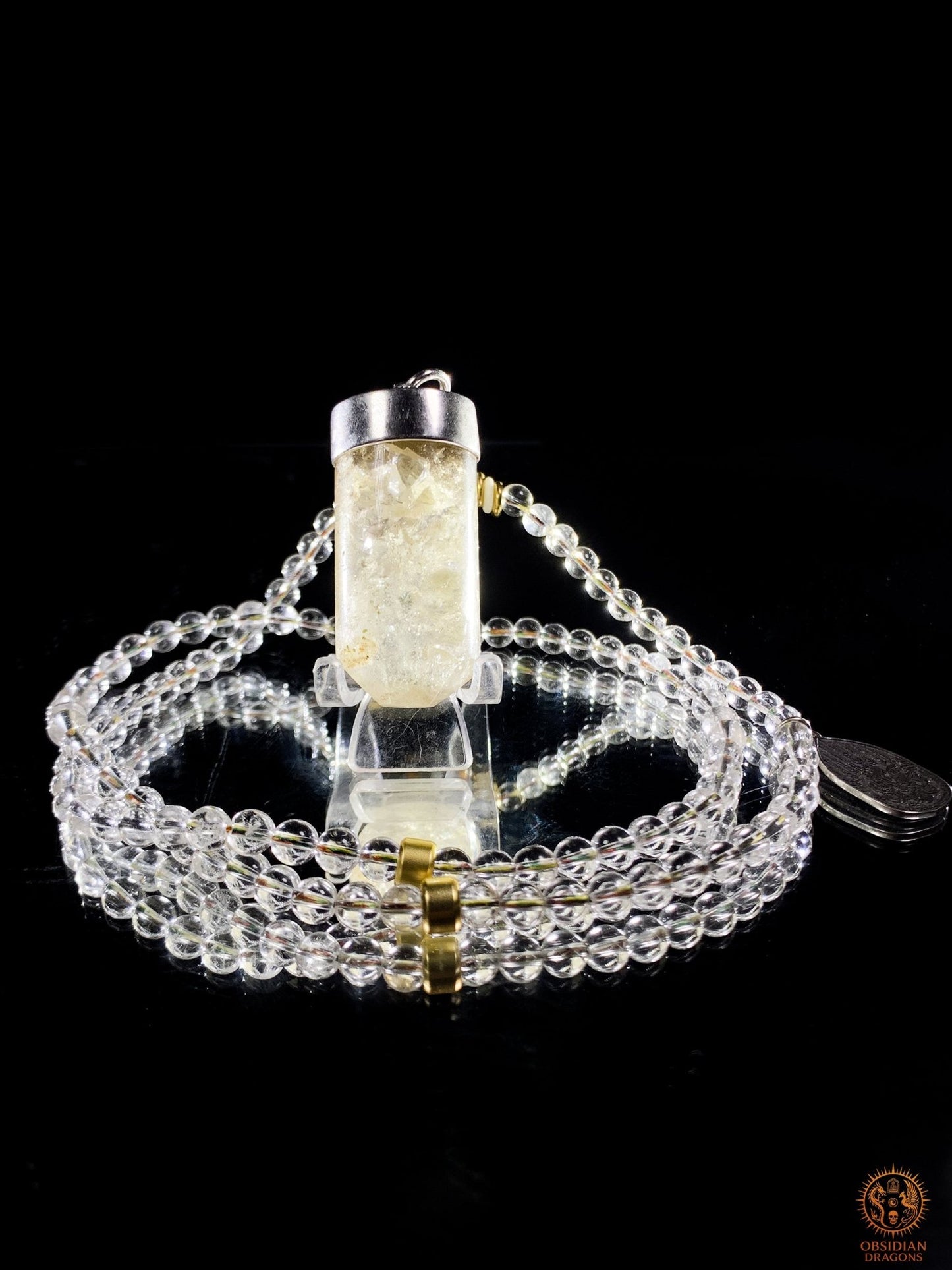 Mala en Cristal de Roche – Pointe de cristal - amulette Sak Yant | obsidian dragons