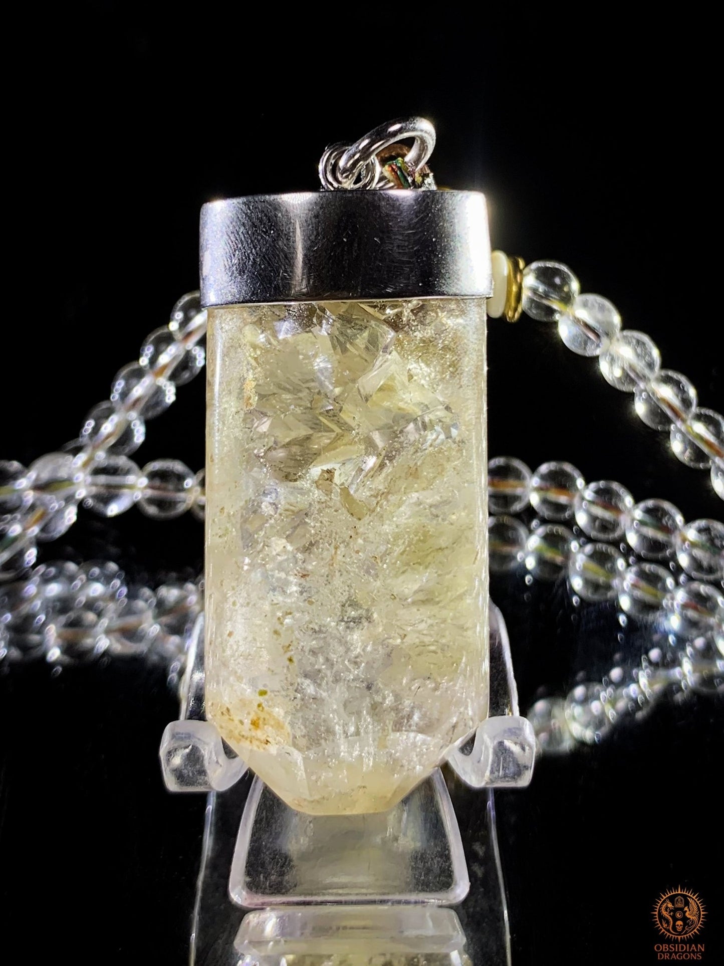 Mala en Cristal de Roche – Pointe de cristal - amulette Sak Yant | obsidian dragons
