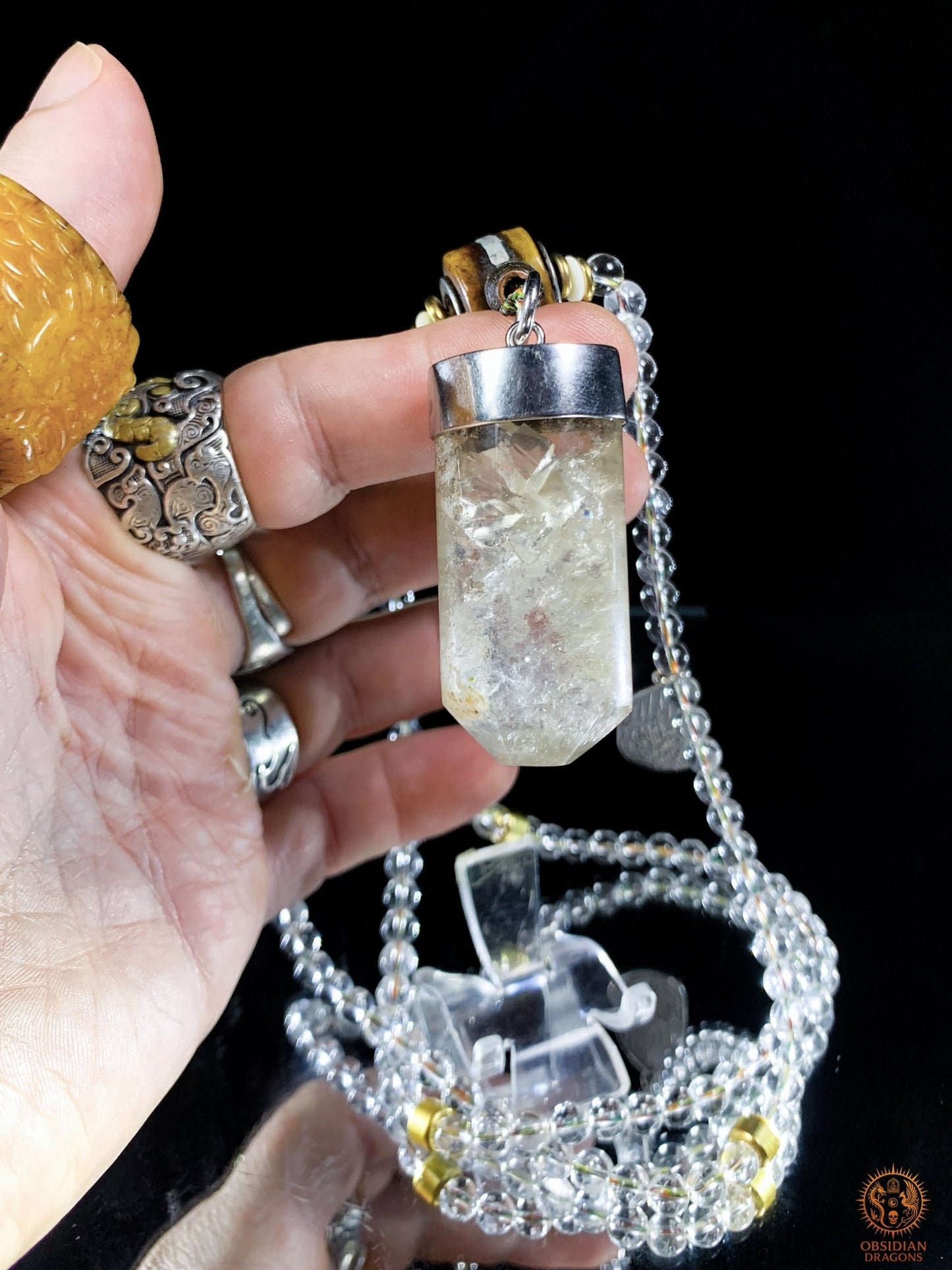 Mala en Cristal de Roche – Pointe de cristal - amulette Sak Yant