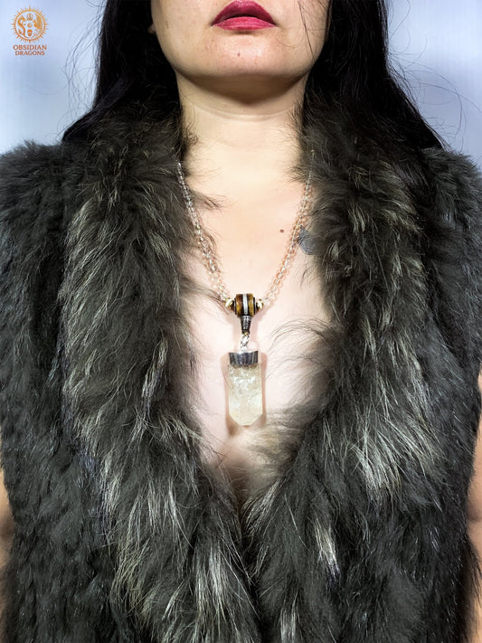 Mala en Cristal de Roche – Pointe de cristal - amulette Sak Yant | obsidian dragons