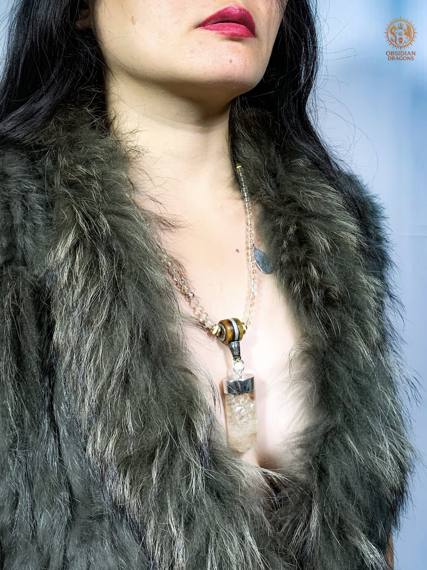 Mala en Cristal de Roche – Pointe de cristal - amulette Sak Yant | obsidian dragons
