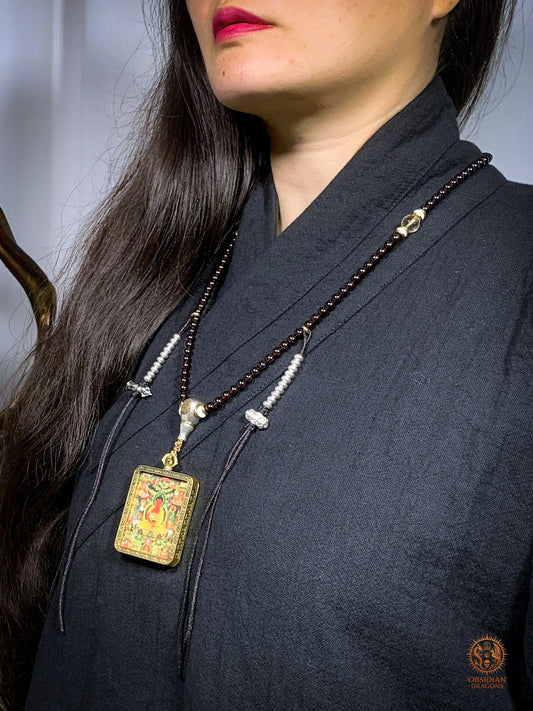 Mala en Grenat – Ghau du Bouddha Amitabha - Tangka Tibétain | obsidian dragons