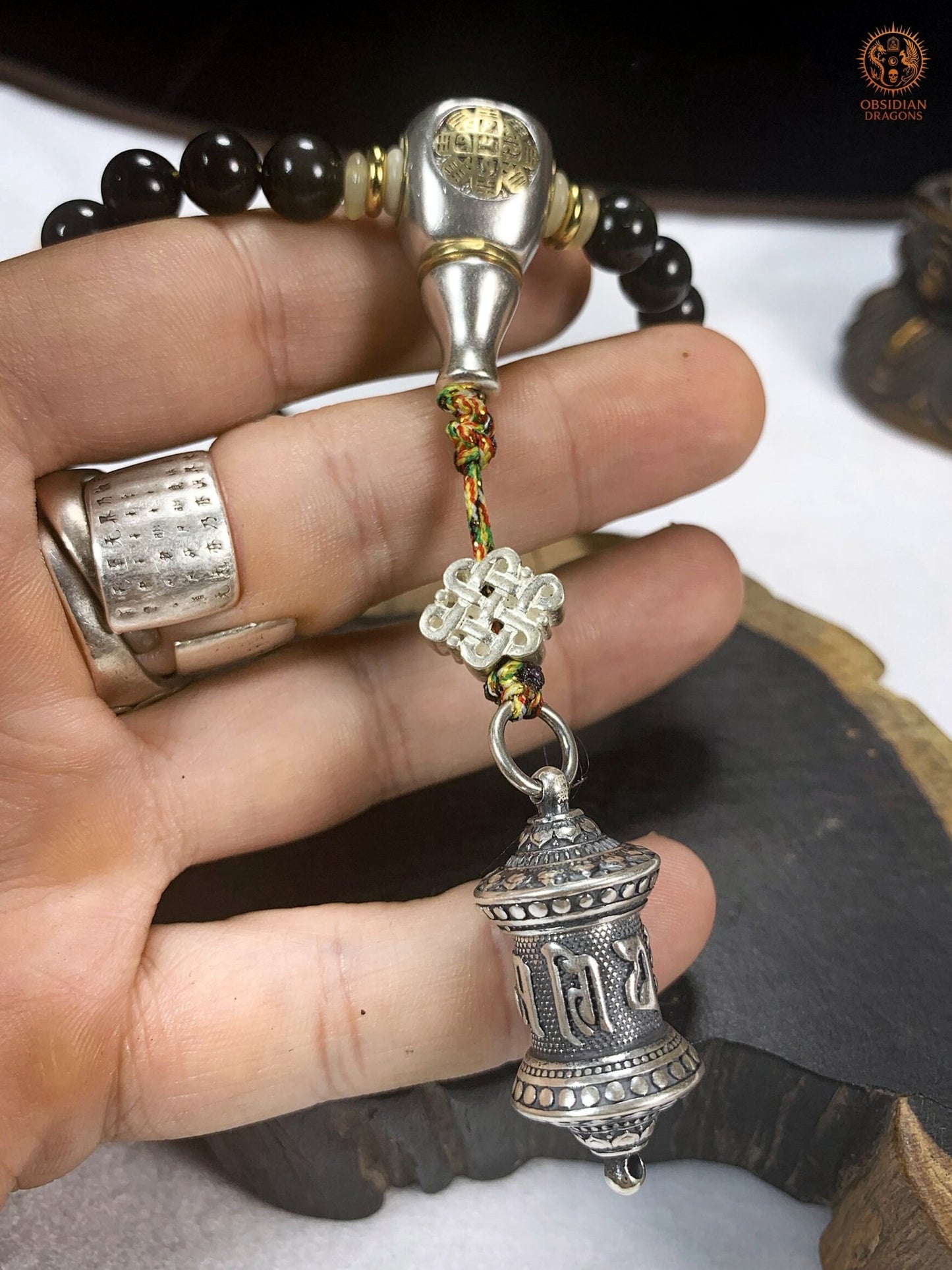 Mala en Obsidienne Œil Céleste – 108 perles - Reliquaire - obsidian dragons