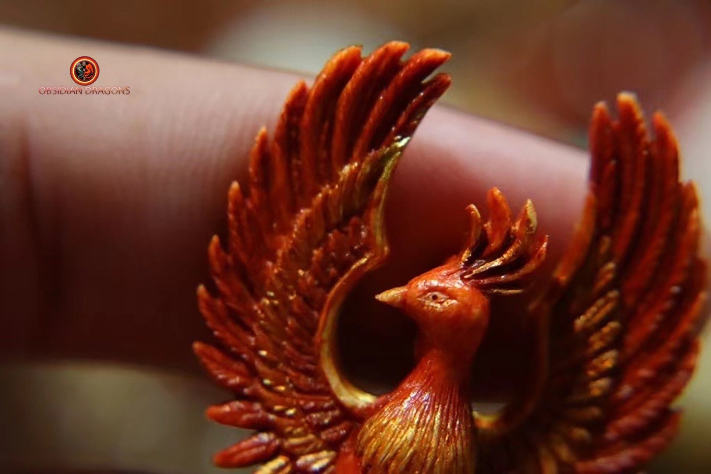 Netsuke phoenix vermillon- Bois de cerf- rare | obsidian dragons