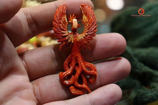 Netsuke phoenix vermillon- Bois de cerf- rare | obsidian dragons