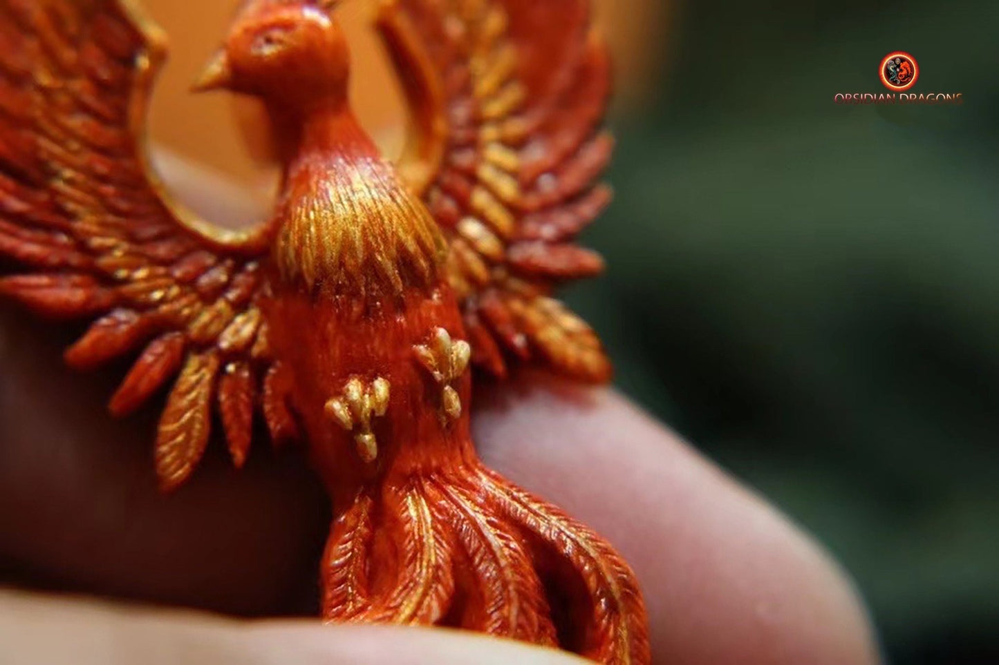 Netsuke phoenix vermillon- Bois de cerf- rare | obsidian dragons