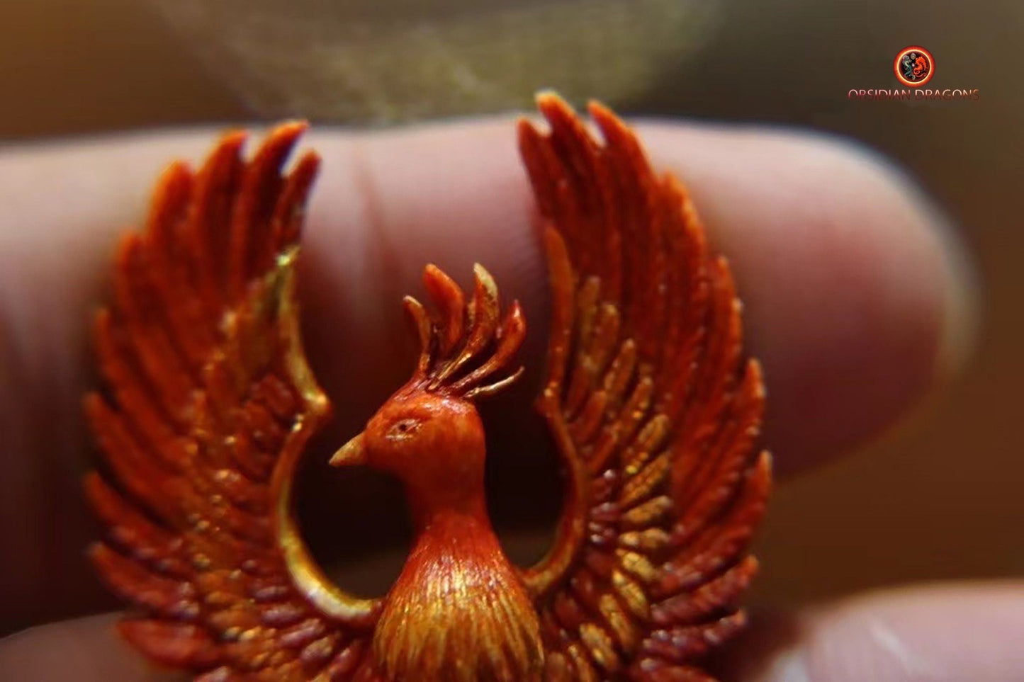 Netsuke phoenix vermillon- Bois de cerf- rare | obsidian dragons