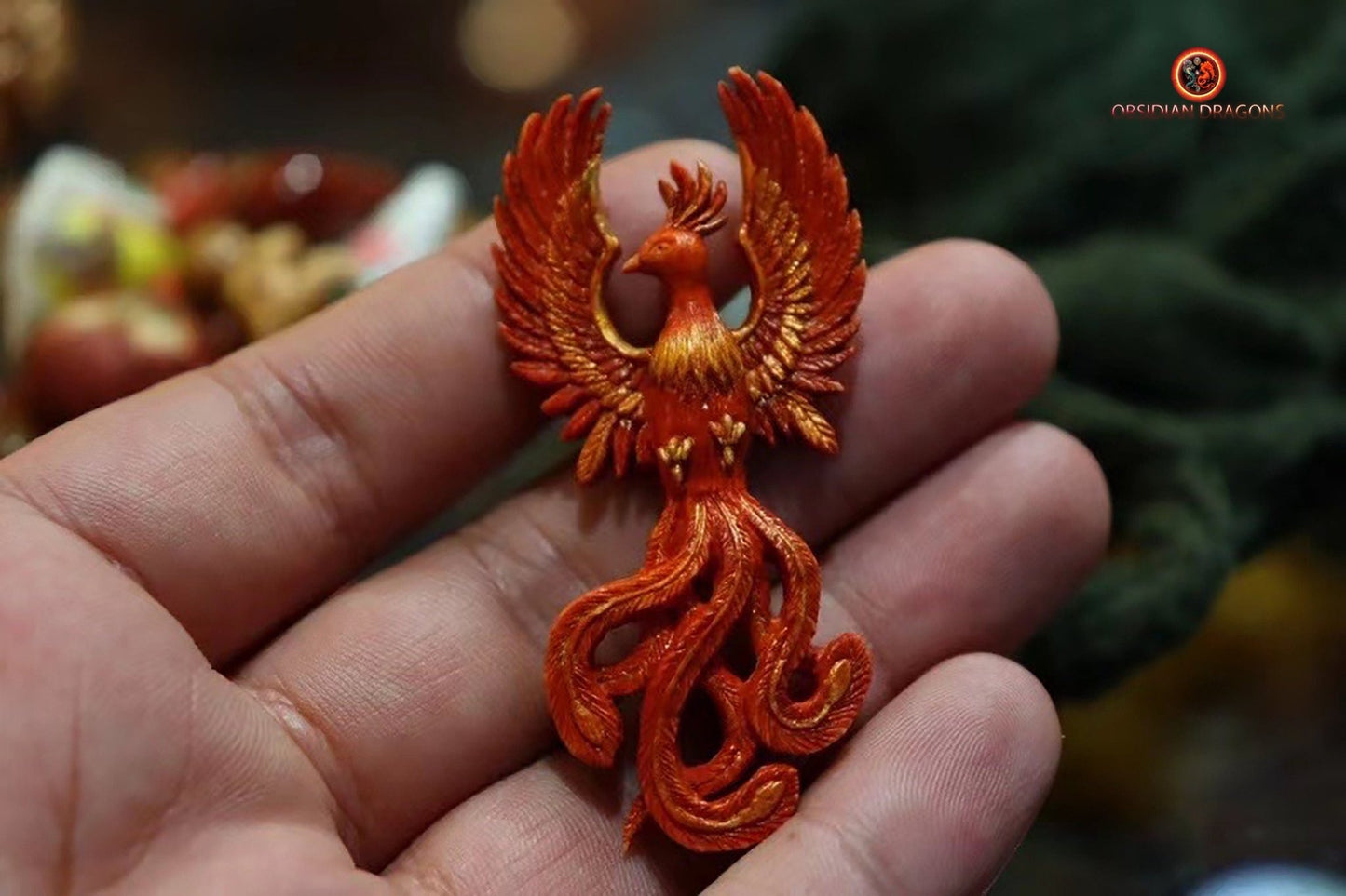 Netsuke phoenix vermillon- Bois de cerf- rare | obsidian dragons
