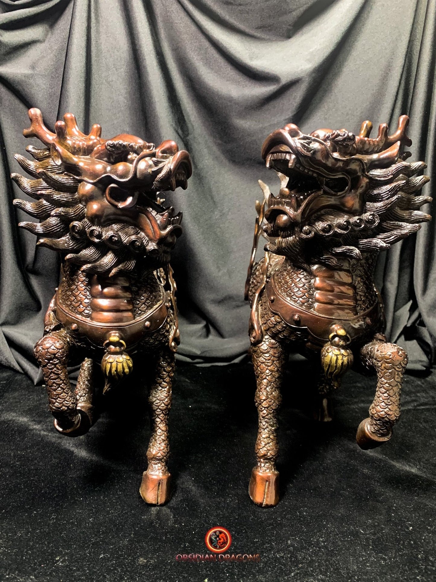 Paire de Qilin en bronze - Statue Feng Shui rare et unique | obsidian dragons