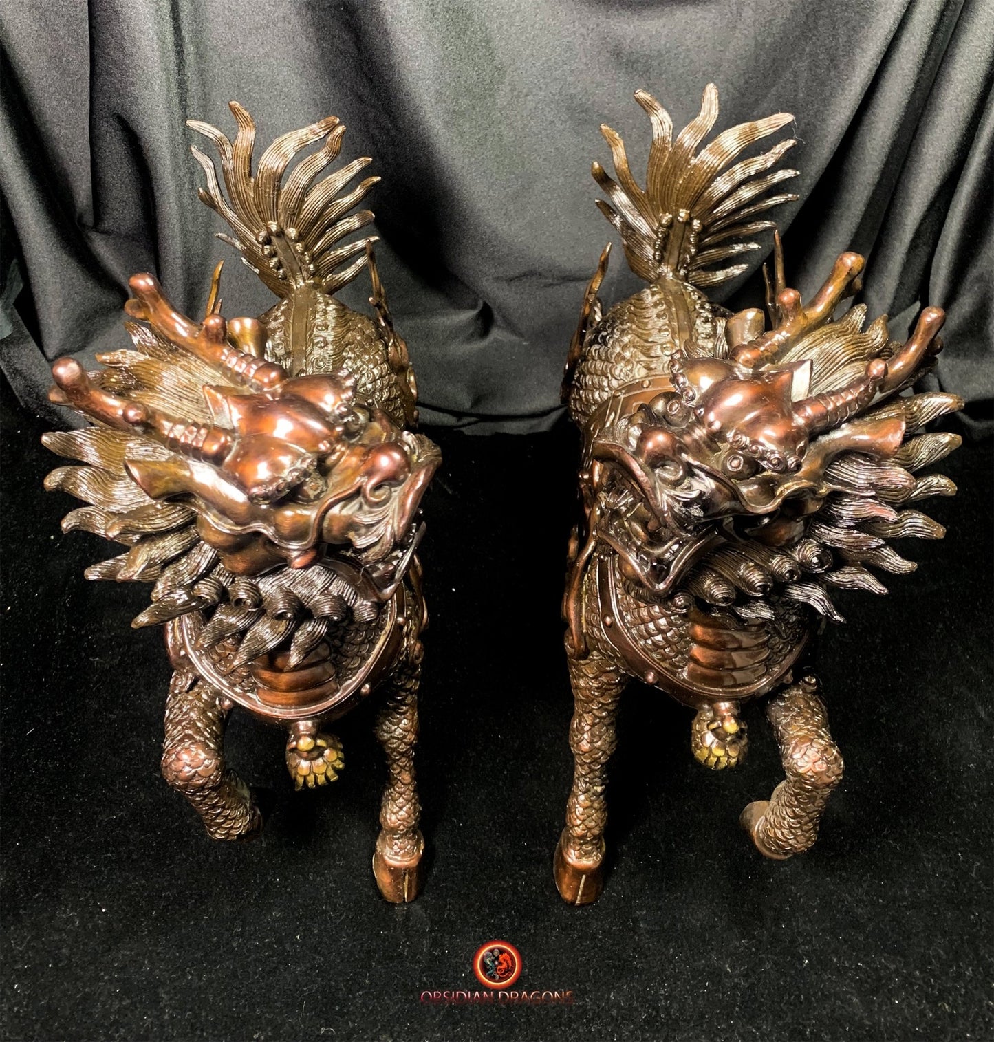Paire de Qilin en bronze - Statue Feng Shui rare et unique | obsidian dragons
