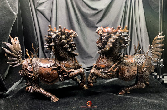 Paire de Qilin en bronze - Statue Feng Shui rare et unique | obsidian dragons