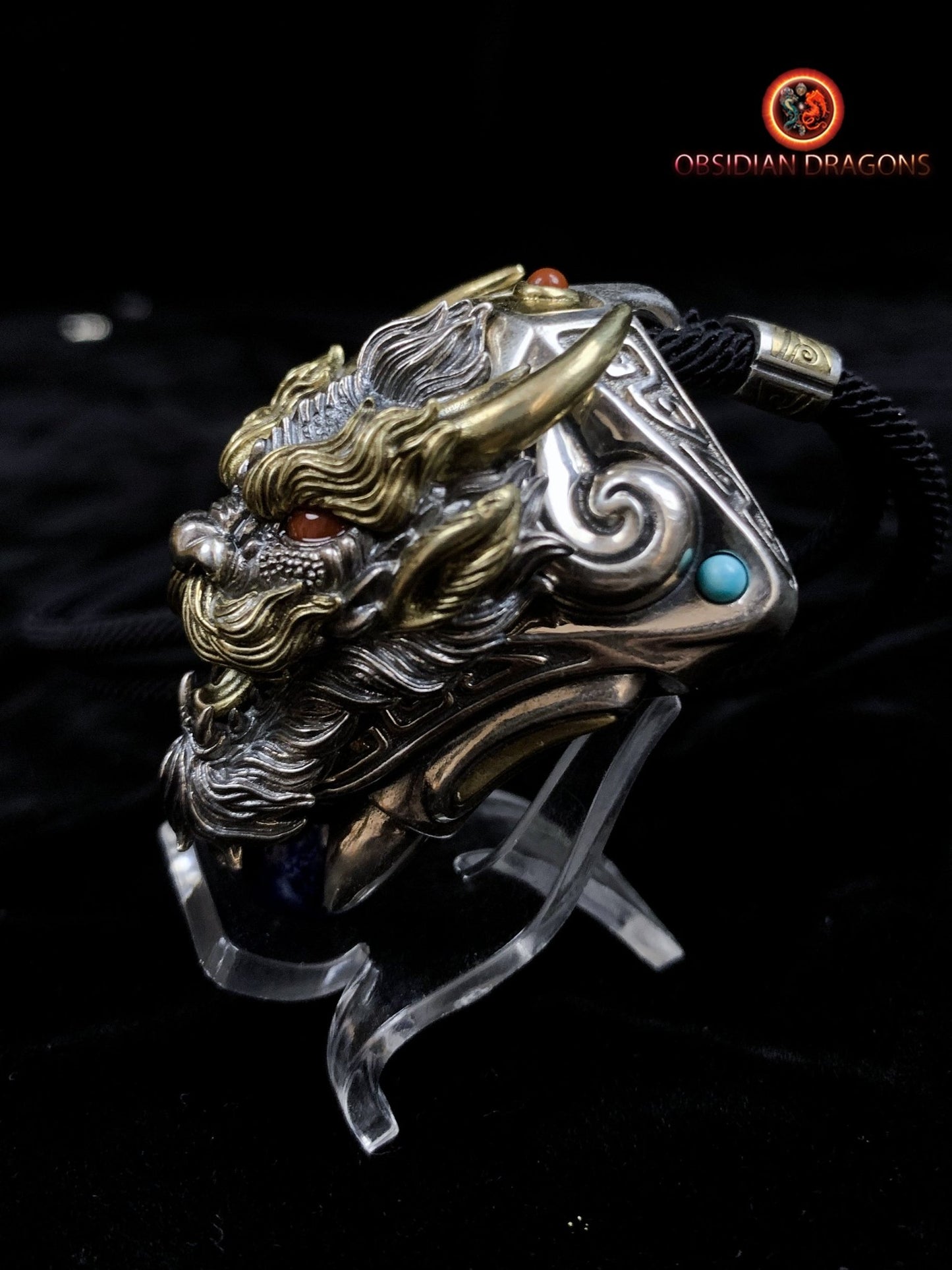 Pendentif Dragon en Argent - Amulette Bouddhiste et Feng Shui - obsidian dragons