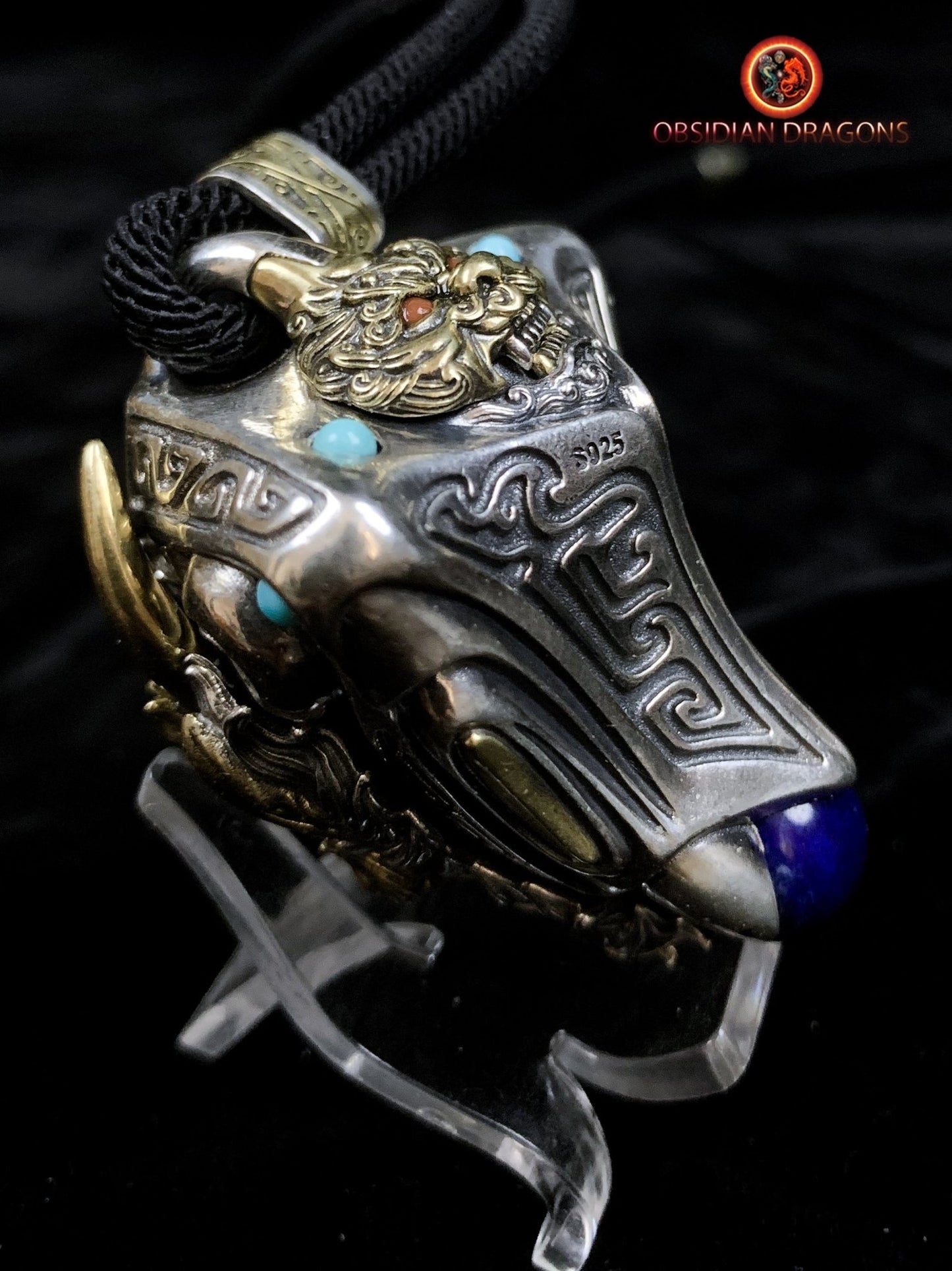 Pendentif Dragon en Argent - Amulette Bouddhiste et Feng Shui - obsidian dragons