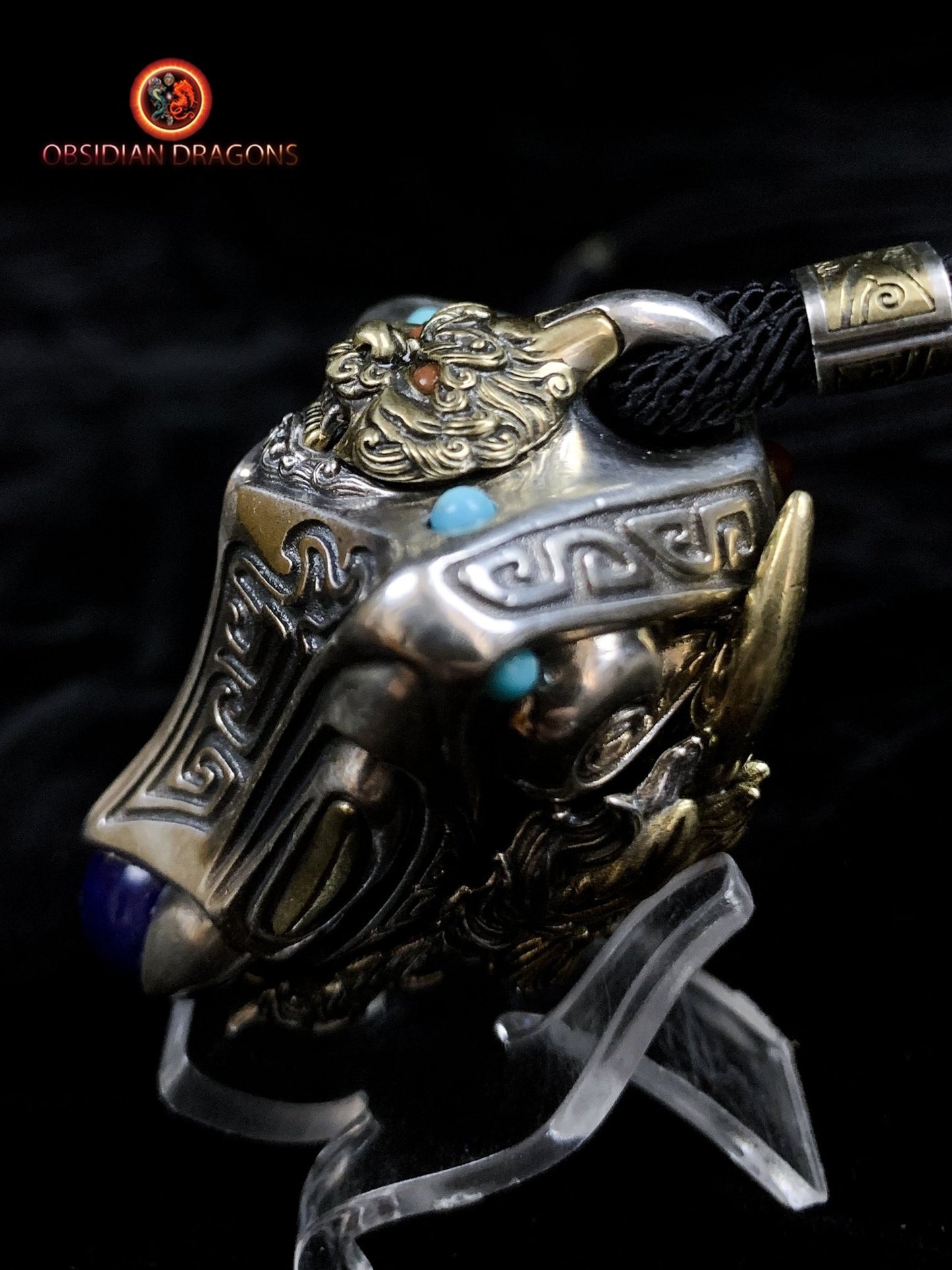 Pendentif Dragon en Argent - Amulette Bouddhiste et Feng Shui - obsidian dragons