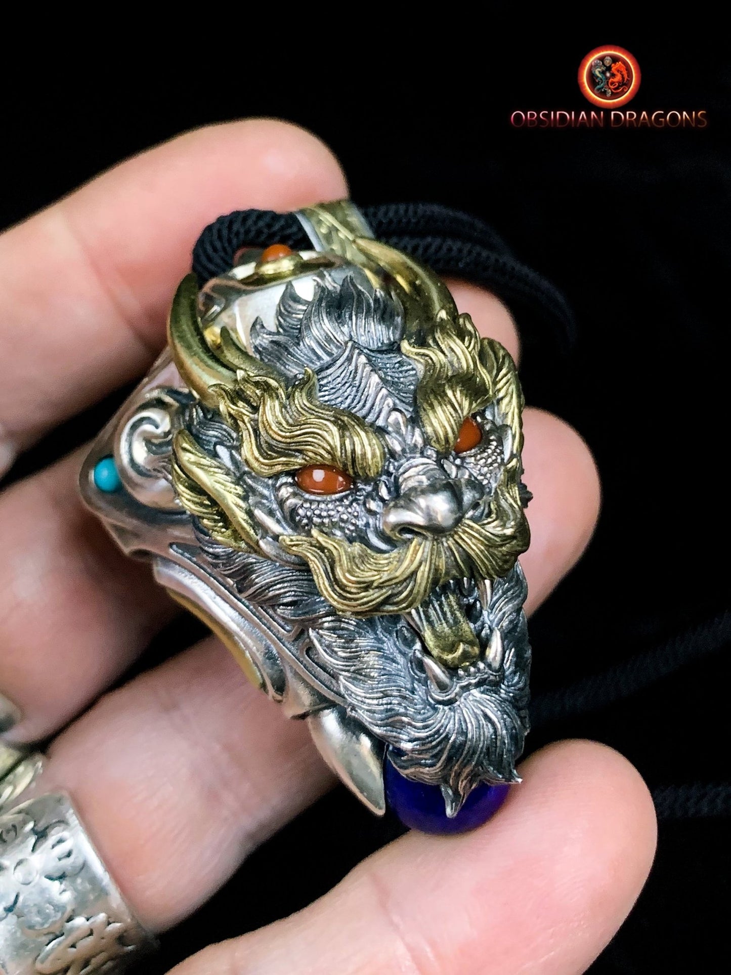 Pendentif Dragon en Argent - Amulette Bouddhiste et Feng Shui - obsidian dragons