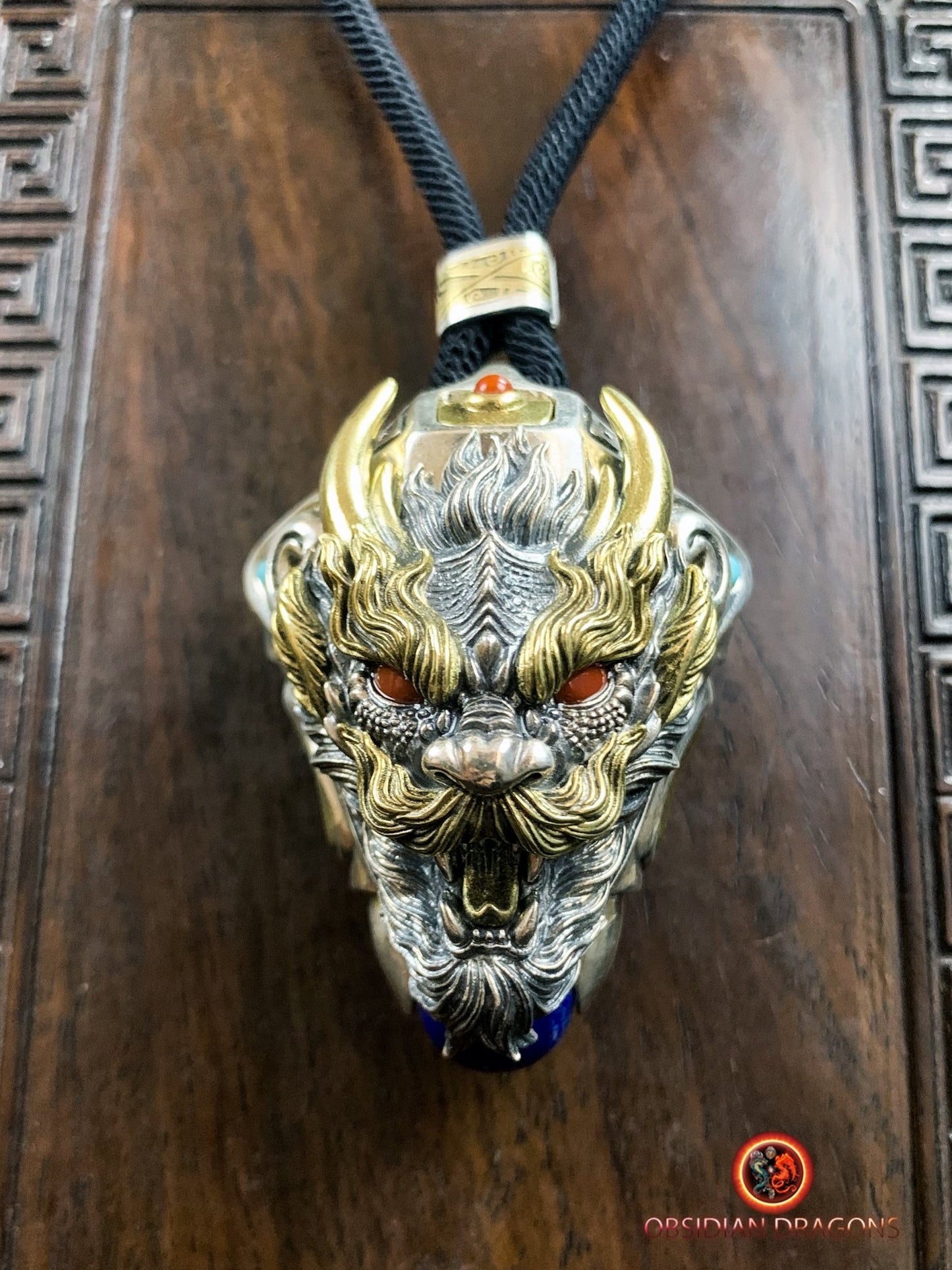 Pendentif Dragon en Argent - Amulette Bouddhiste et Feng Shui - obsidian dragons