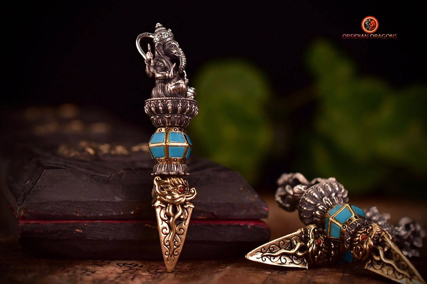 Pendentif Phurba- Ganesh - Argent - Protection Bouddhiste - obsidian dragons