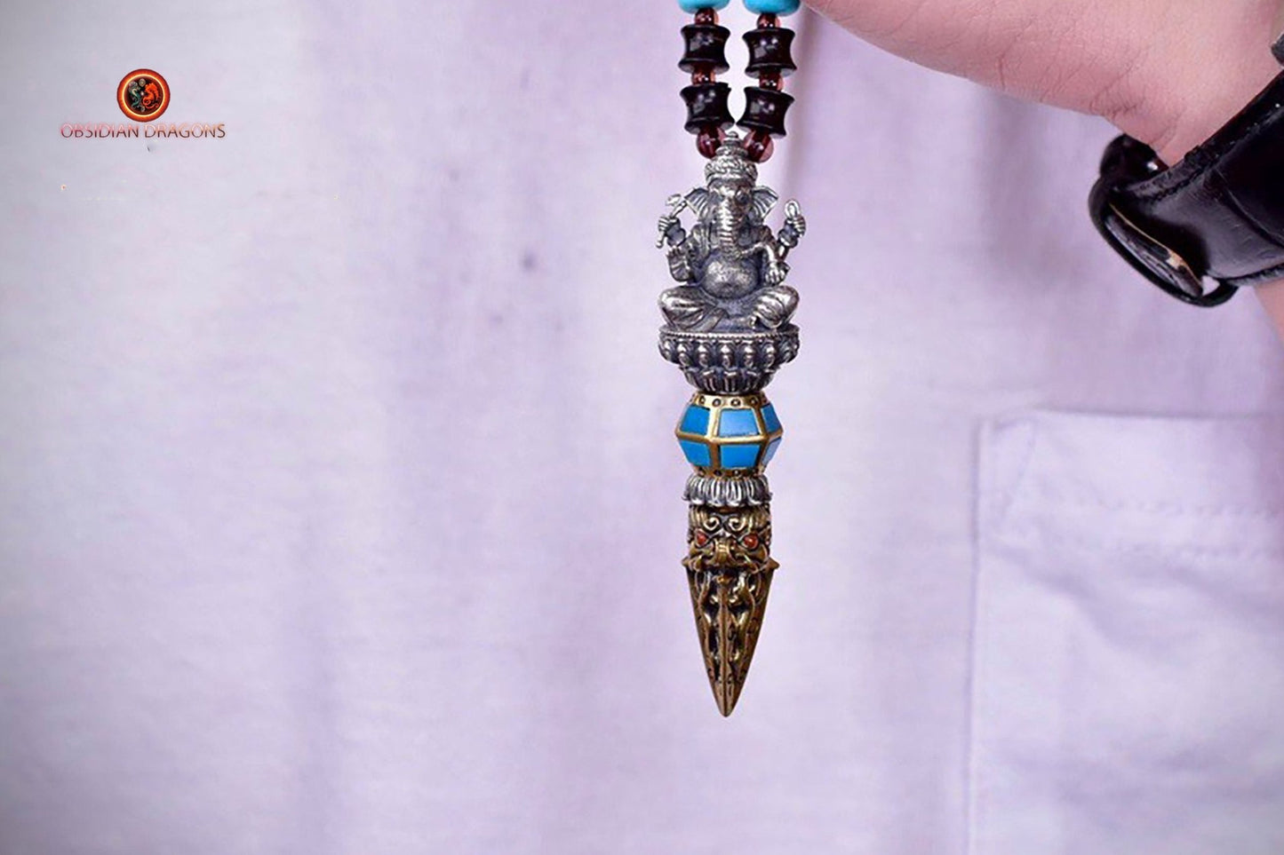 Pendentif Phurba- Ganesh - Argent - Protection Bouddhiste - obsidian dragons