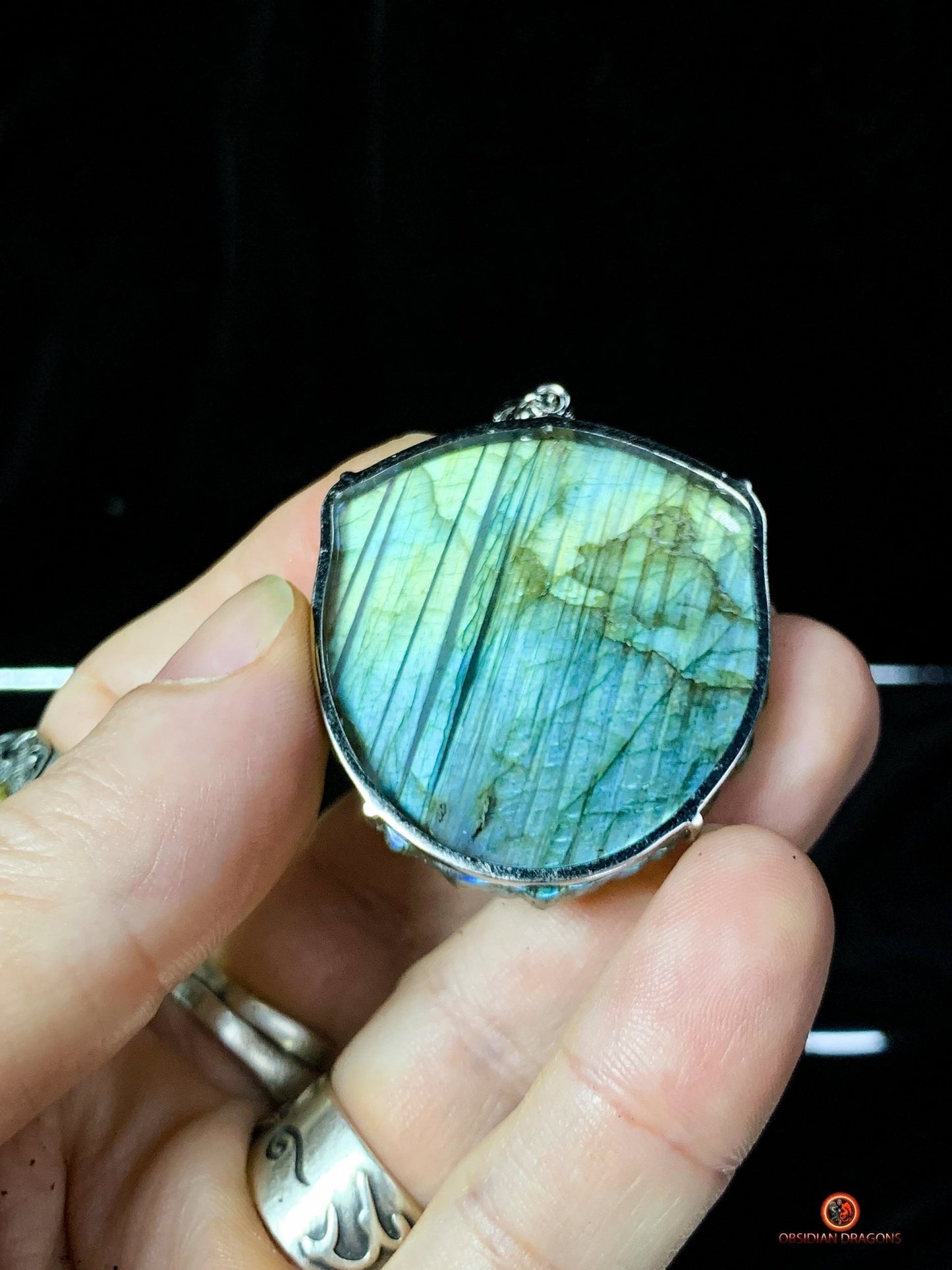 Pendentif Pixiu en Labradorite serti en argent - Bonne fortune | obsidian dragons