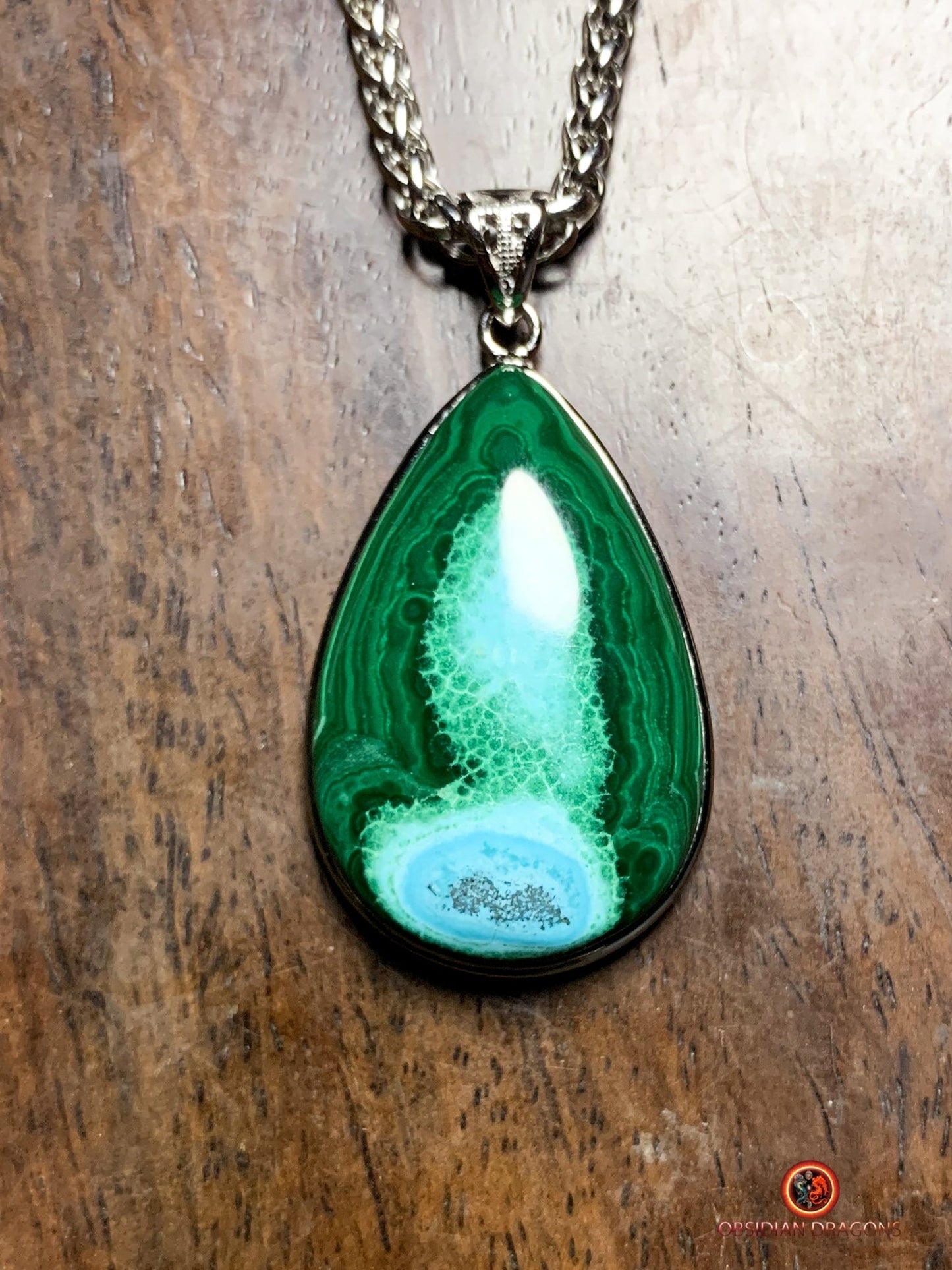 Pendentif chrysocolle malachite - argent 925- artisanal - obsidian dragons
