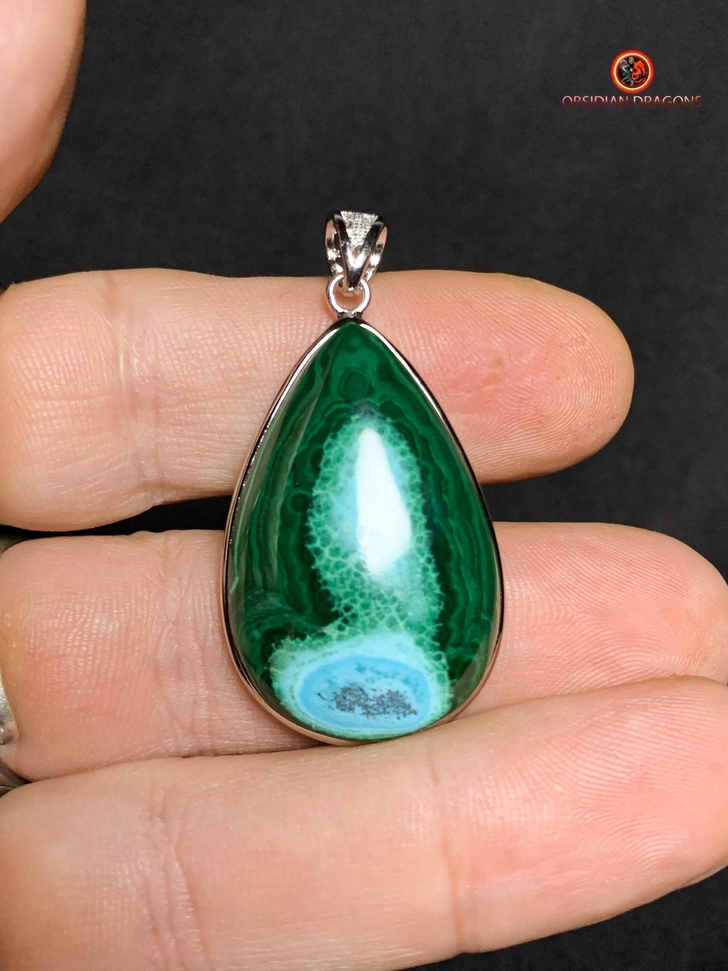 Pendentif chrysocolle malachite - argent 925- artisanal - obsidian dragons
