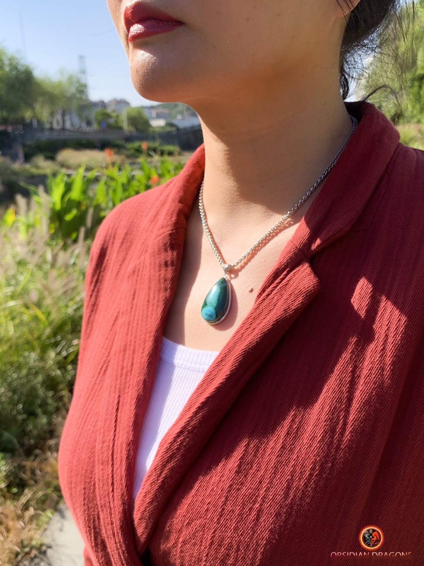 Pendentif chrysocolle malachite - argent 925- artisanal - obsidian dragons