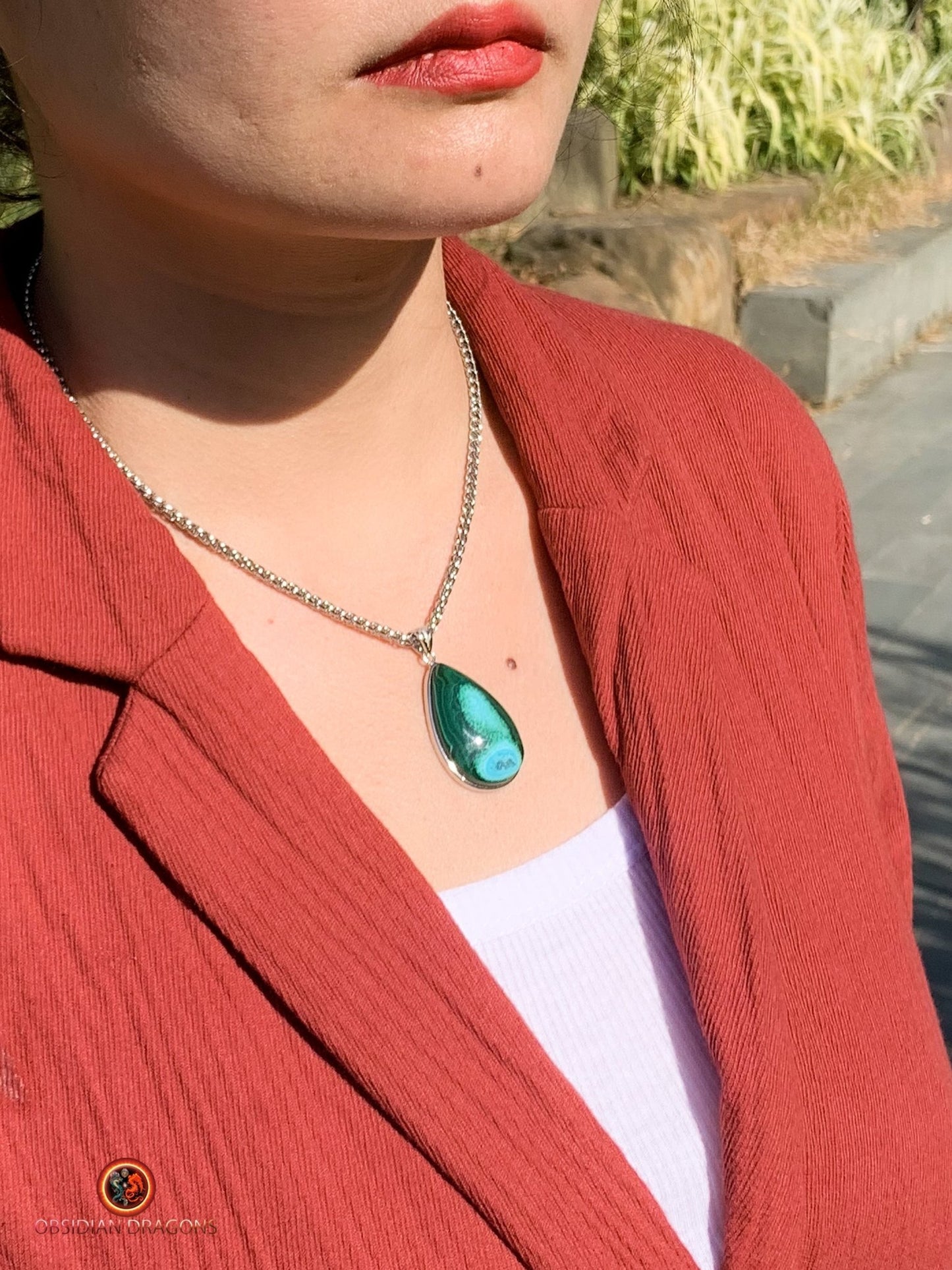 Pendentif chrysocolle malachite - argent 925- artisanal - obsidian dragons