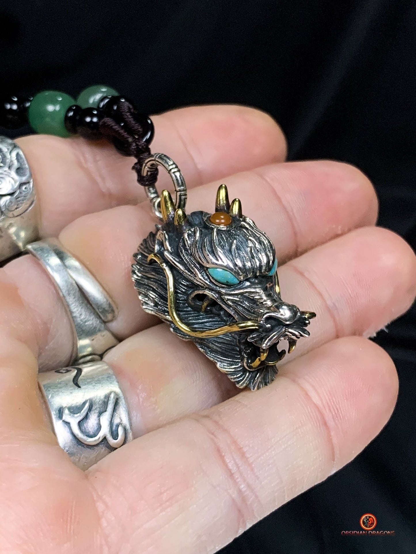 Pendentif dragon en argent 925 - Protection feng shui - obsidian dragons