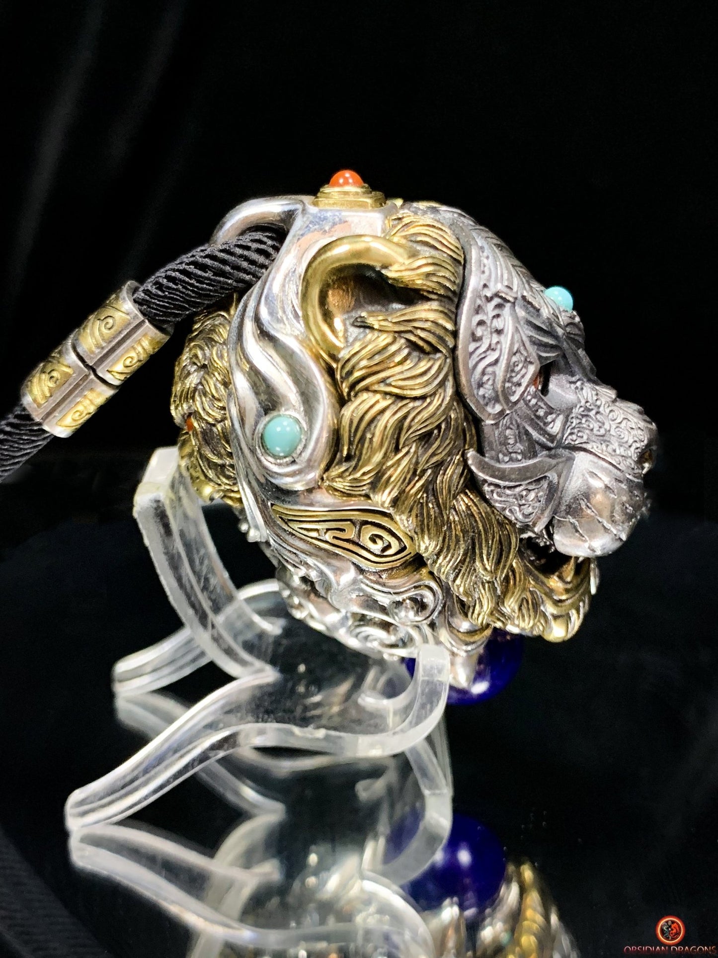 Pendentif tigre - Ghau de l'arhat dompteur - argent & Pierres | obsidian dragons