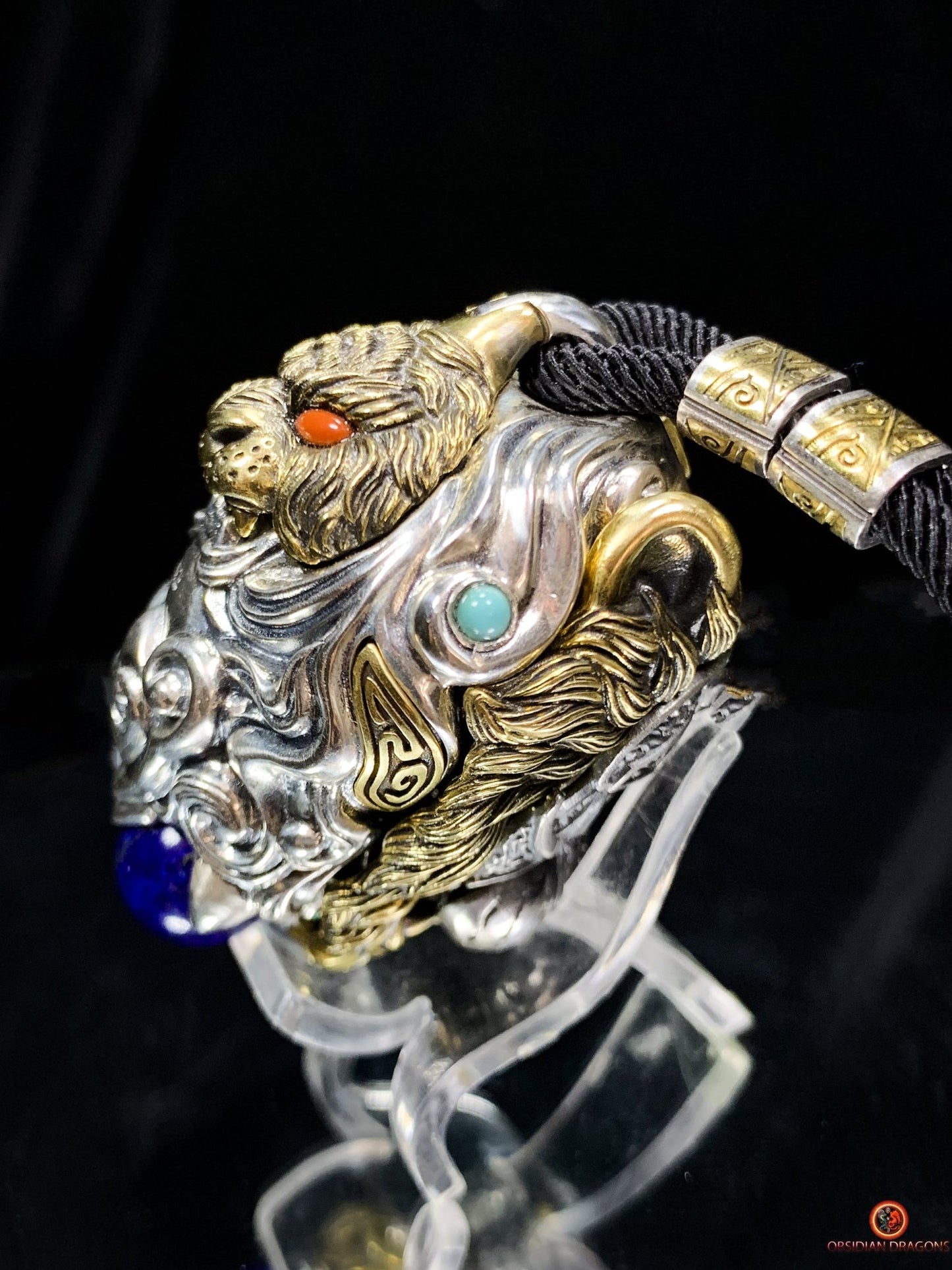 Pendentif tigre - Ghau de l'arhat dompteur - argent & Pierres - obsidian dragons