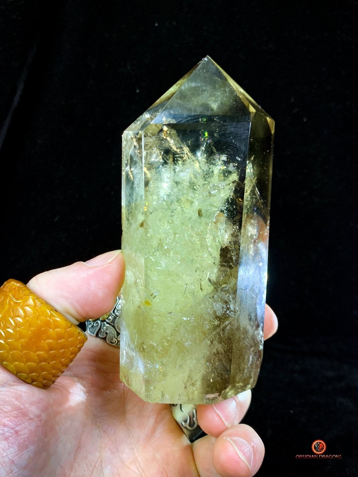 Pointe de Citrine naturelle – Chevrons fumés & Arc-en-ciel | obsidian dragons