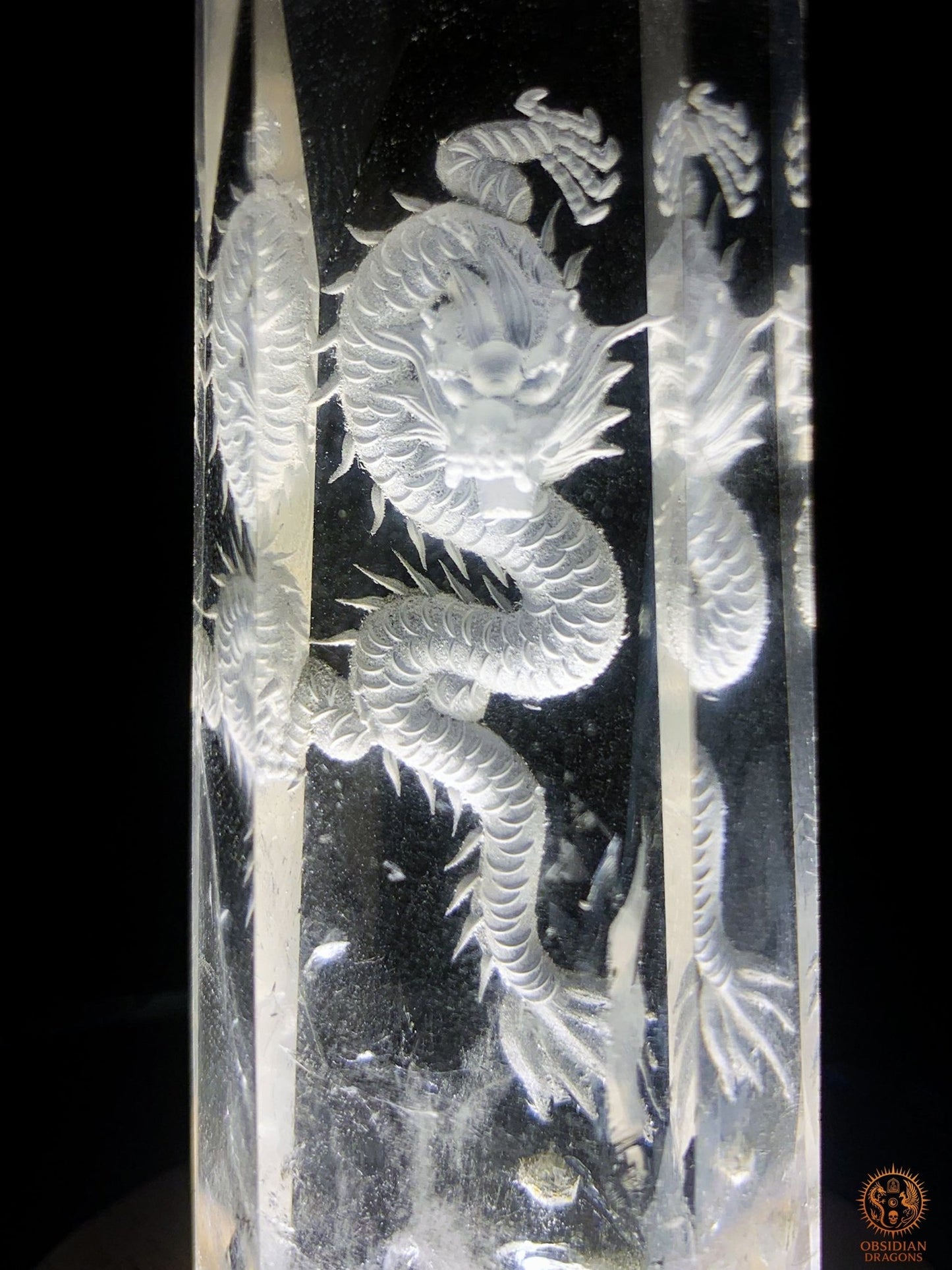 Pointe de Cristal de Roche Dragon – Gravure glyptique 3D | obsidian dragons