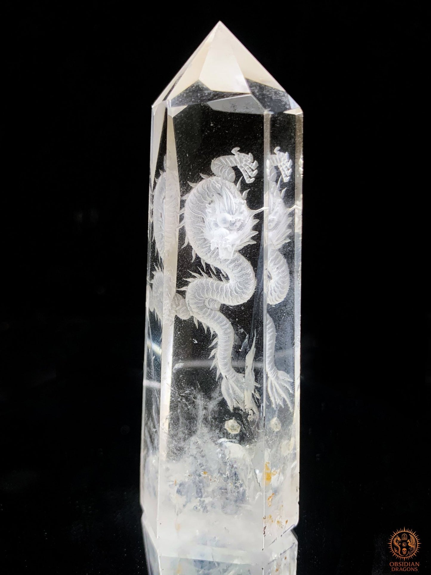 Pointe de Cristal de Roche Dragon – Gravure glyptique 3D | obsidian dragons
