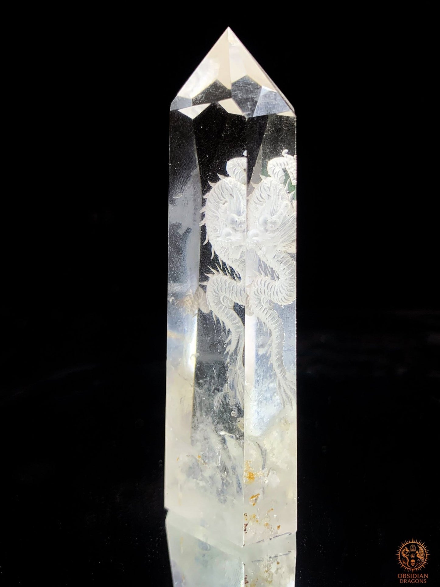 Pointe de Cristal de Roche Dragon – Gravure glyptique 3D | obsidian dragons